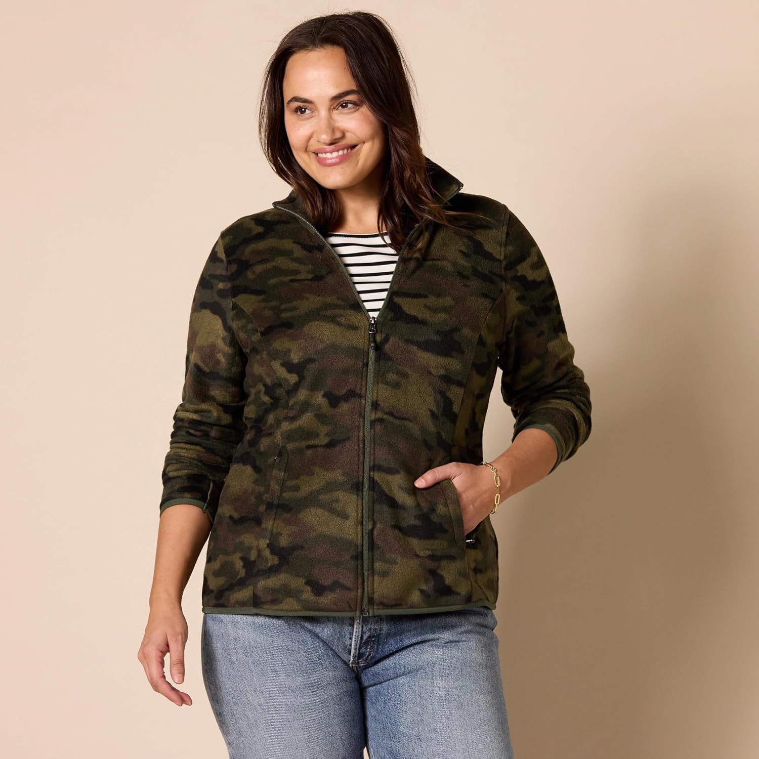 image:imageAmazon Essentials Womens ClassicFit FullZip Polar Soft Fleece Jacket Outerwear Coat with Cuffs Available in Plus SizeGreen Camo