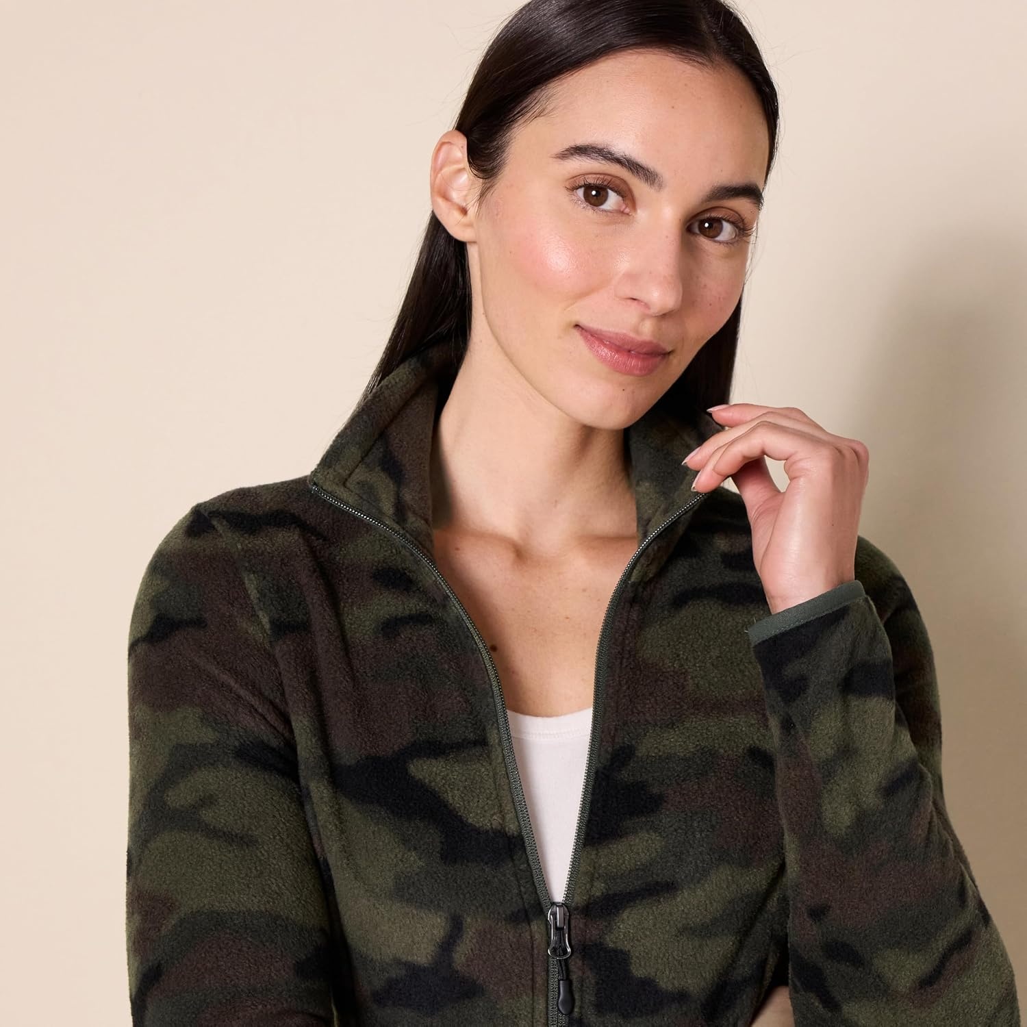 image:imageAmazon Essentials Womens ClassicFit FullZip Polar Soft Fleece Jacket Outerwear Coat with Cuffs Available in Plus SizeGreen Camo