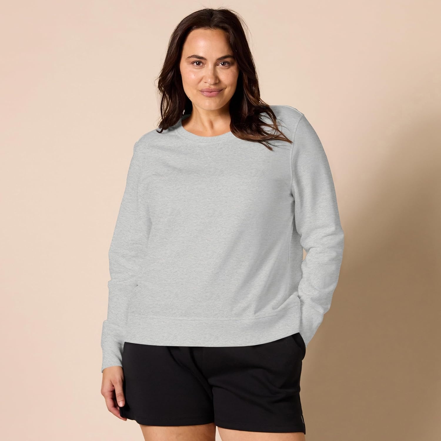 image:imageAmazon Essentials Womens Fleece Crewneck Long Sleeve Pullover Sweatshirt Available in Plus SizeLight Grey Heather