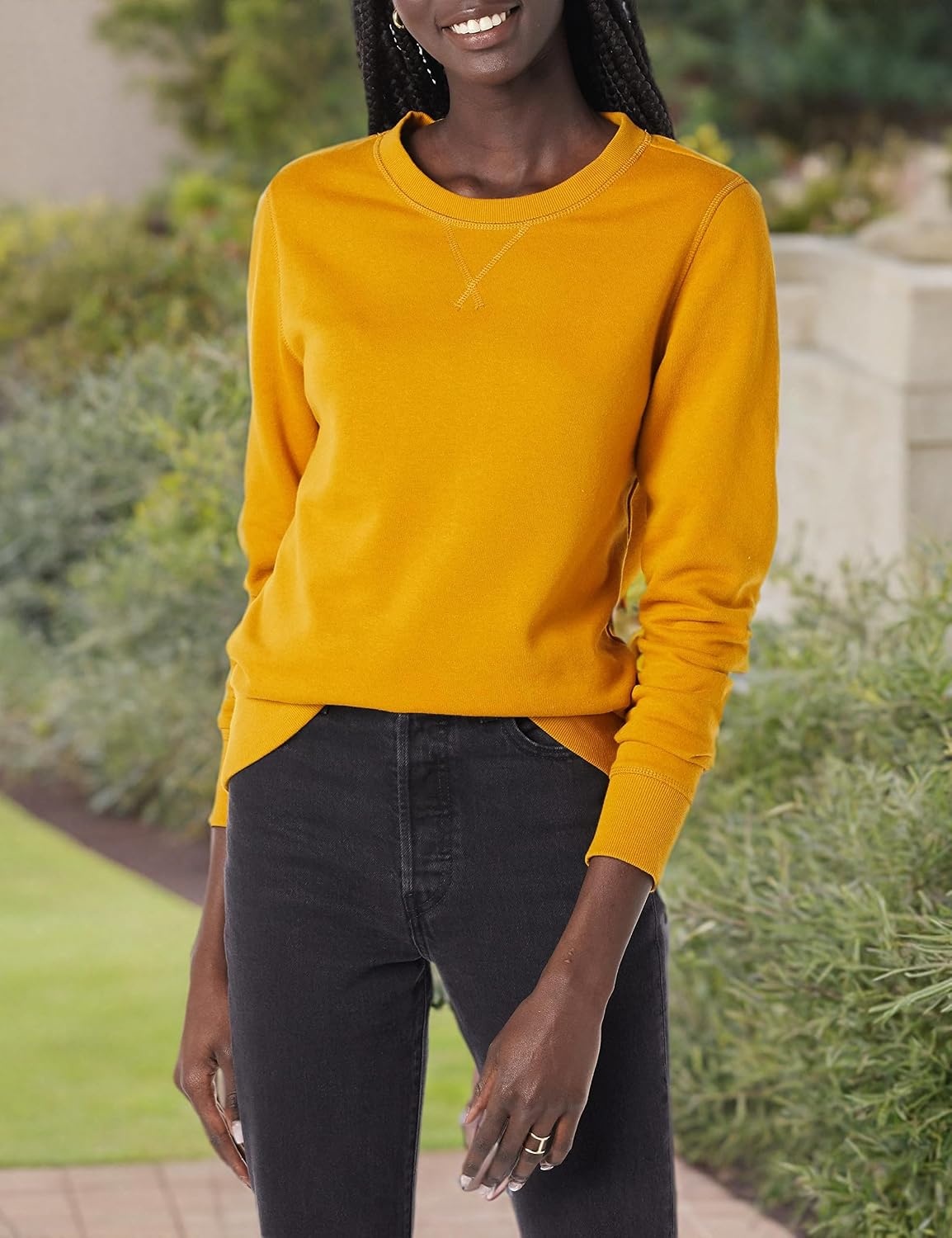 image:imageAmazon Essentials Womens Fleece Crewneck Long Sleeve Pullover Sweatshirt Available in Plus SizeMustard Yellow