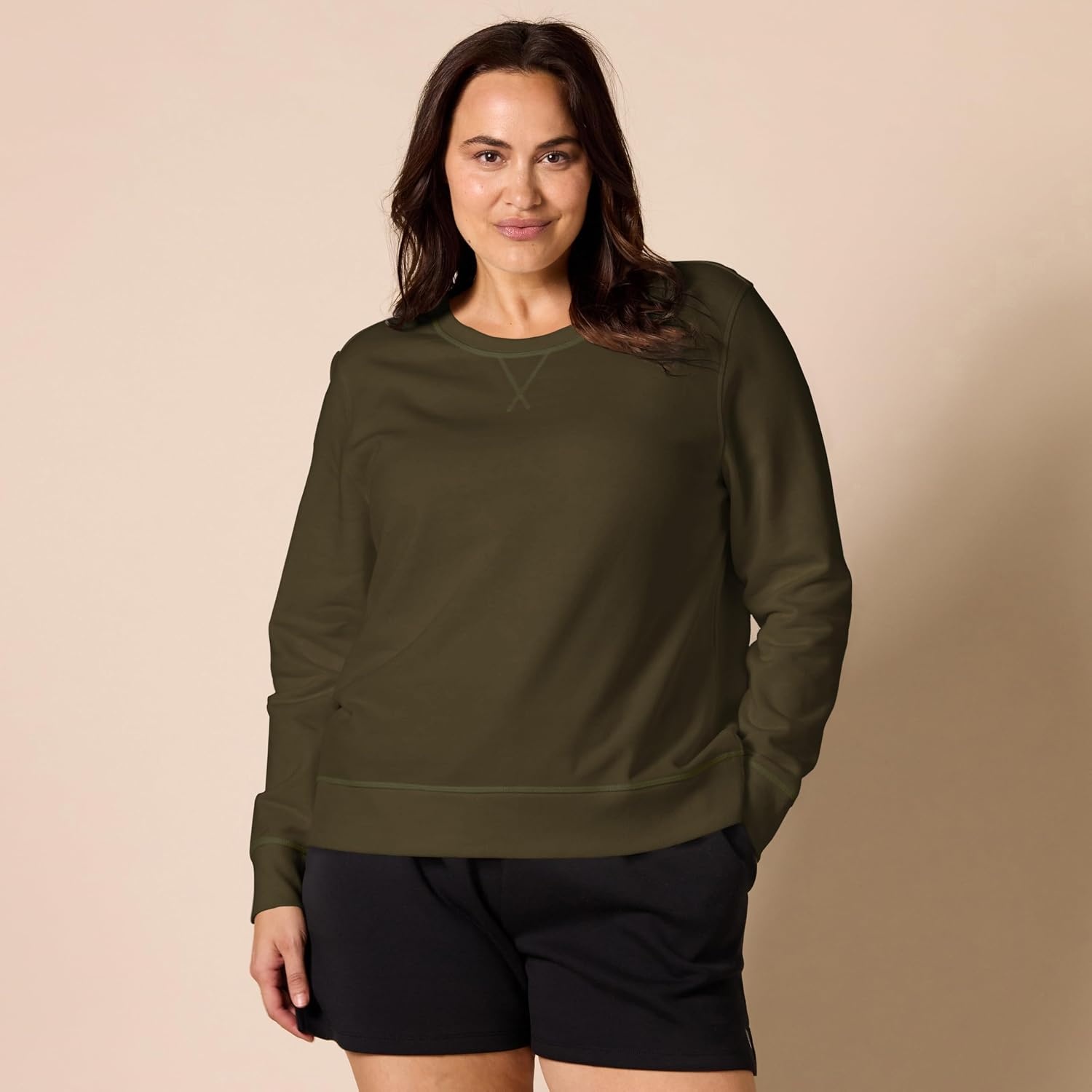 image:imageAmazon Essentials Womens Fleece Crewneck Long Sleeve Pullover Sweatshirt Available in Plus SizeOlive