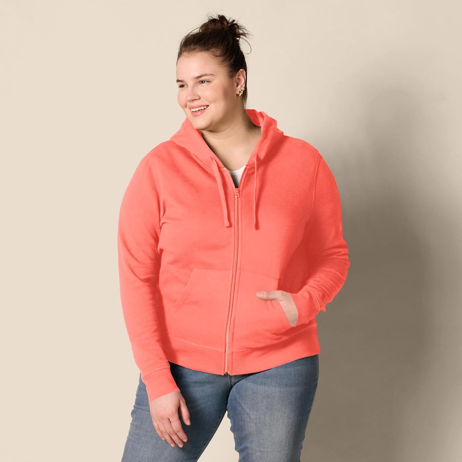 image:imageAmazon Essentials Womens Midweight Fleece FullZip Hoodie with Drawstring Available in Plus SizeCoral Pink