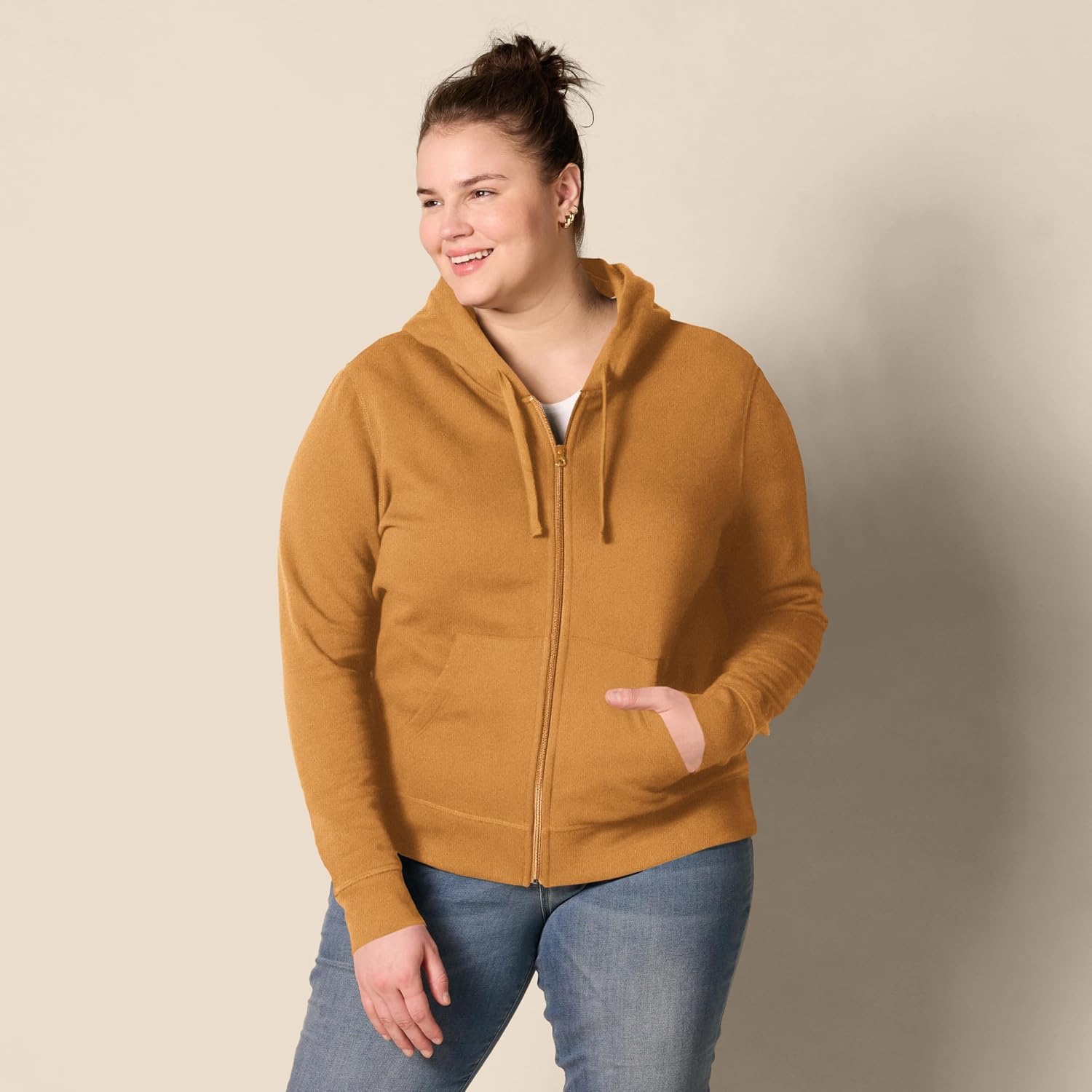 image:imageAmazon Essentials Womens Midweight Fleece FullZip Hoodie with Drawstring Available in Plus SizeDark Camel