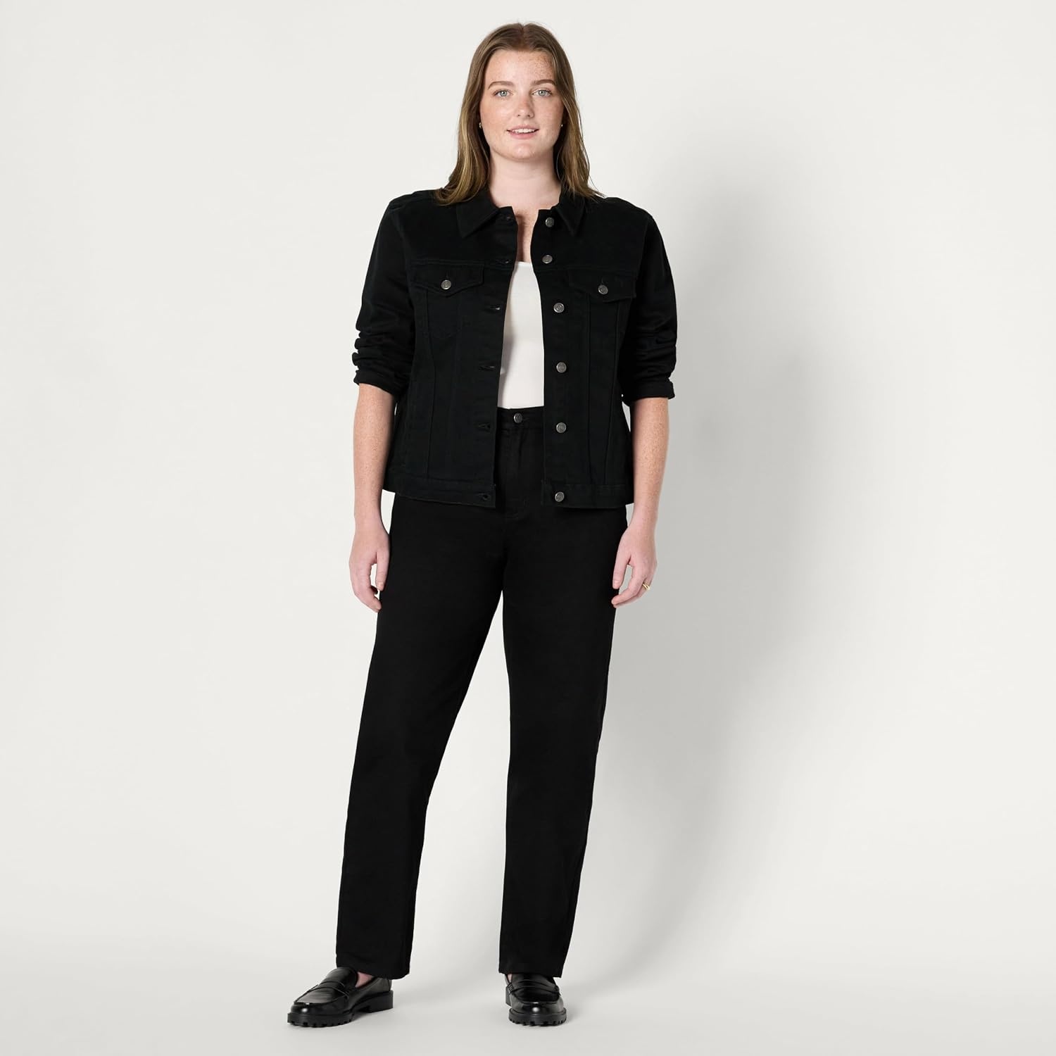 image:imageAmazon Essentials Womens OversizedFit Rigid Denim Trucker JacketBlack