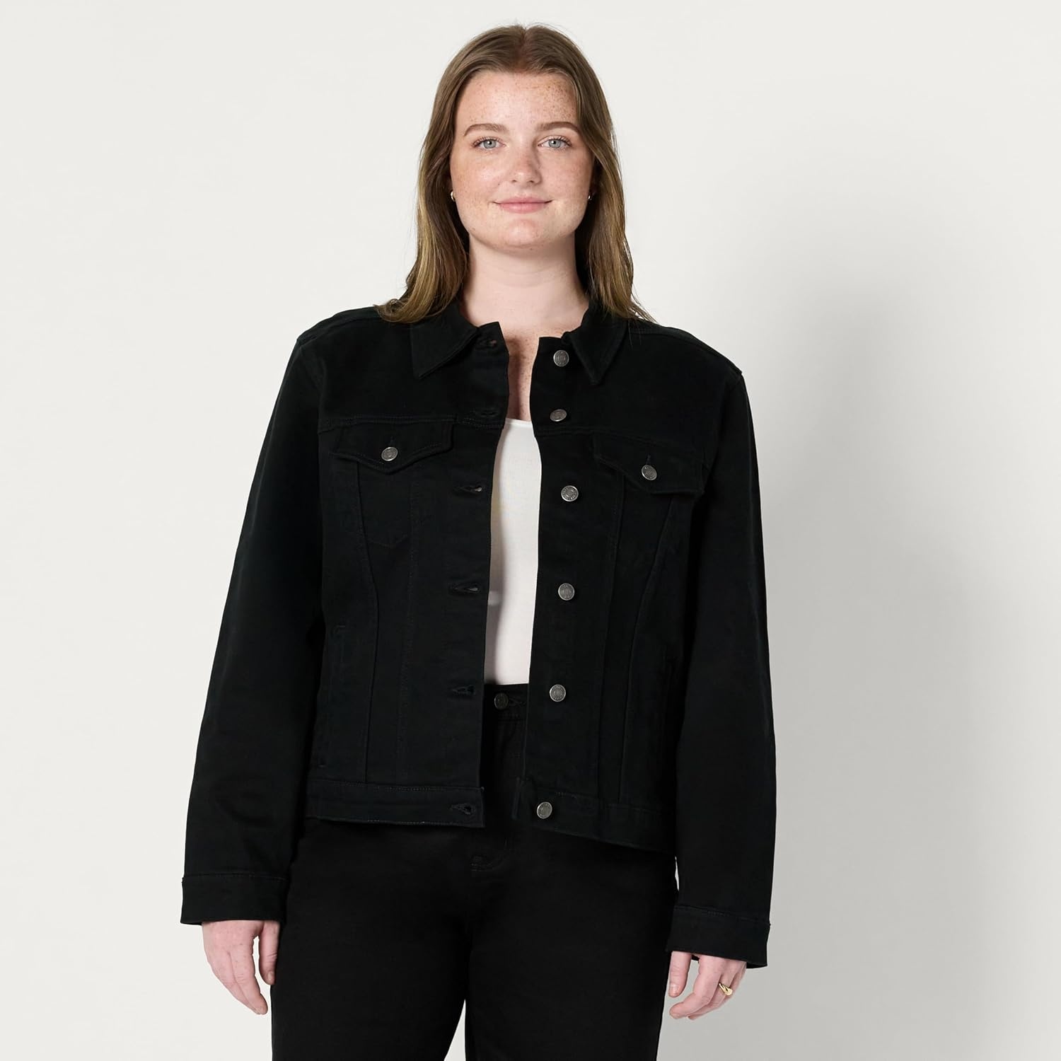 image:imageAmazon Essentials Womens OversizedFit Rigid Denim Trucker JacketBlack