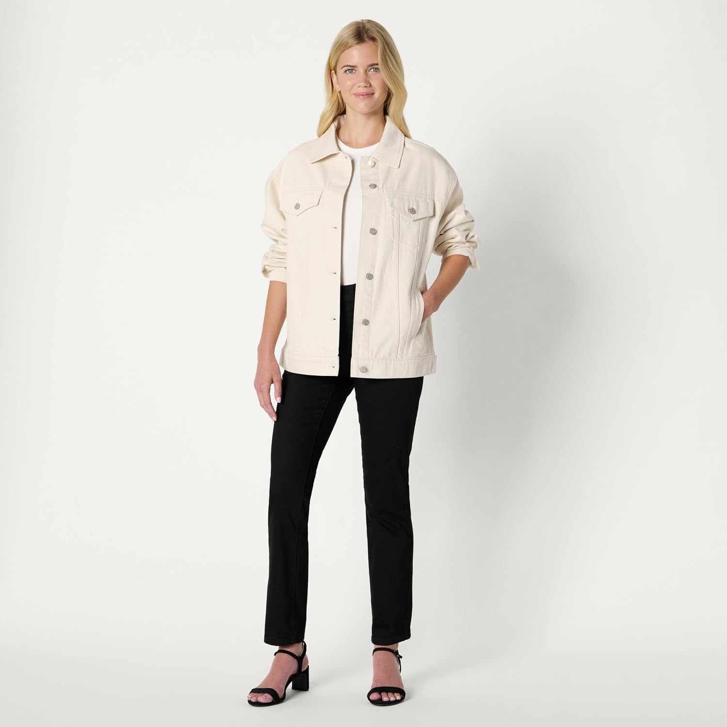 image:imageAmazon Essentials Womens OversizedFit Rigid Denim Trucker JacketEcru