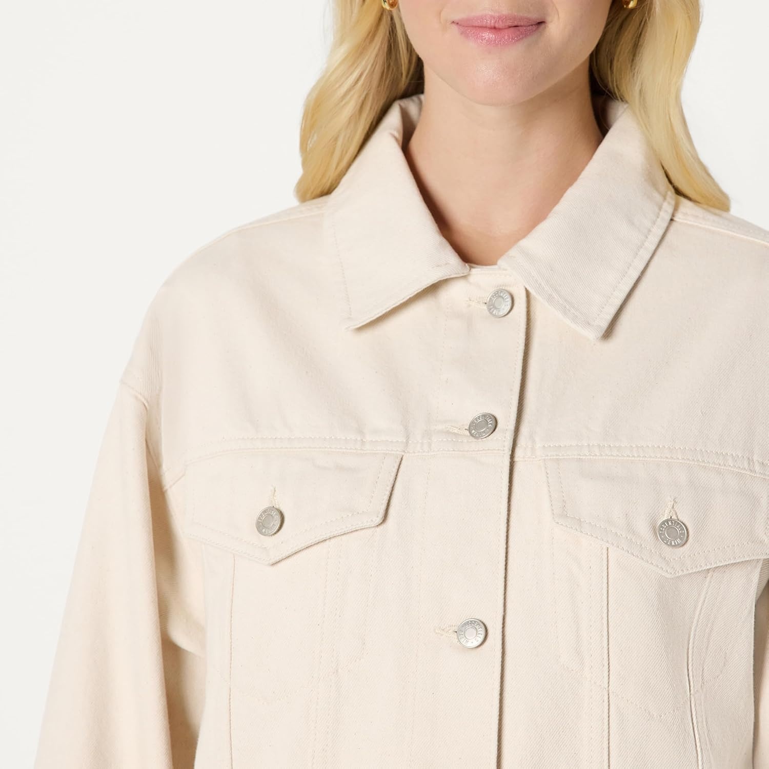 image:imageAmazon Essentials Womens OversizedFit Rigid Denim Trucker JacketEcru