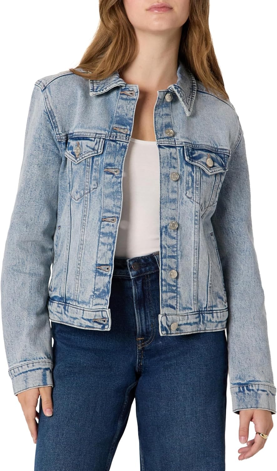 image:imageAmazon Essentials Womens OversizedFit Rigid Denim Trucker JacketIced Light Wash