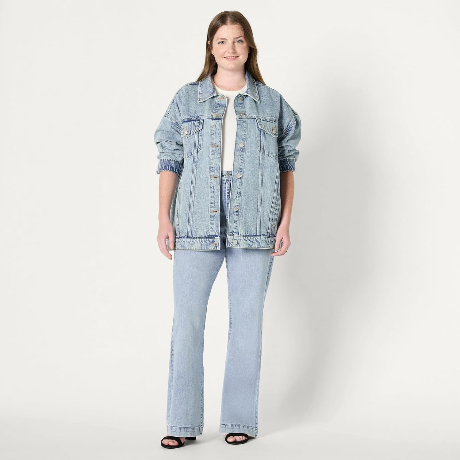 image:imageAmazon Essentials Womens OversizedFit Rigid Denim Trucker JacketIced Light Wash