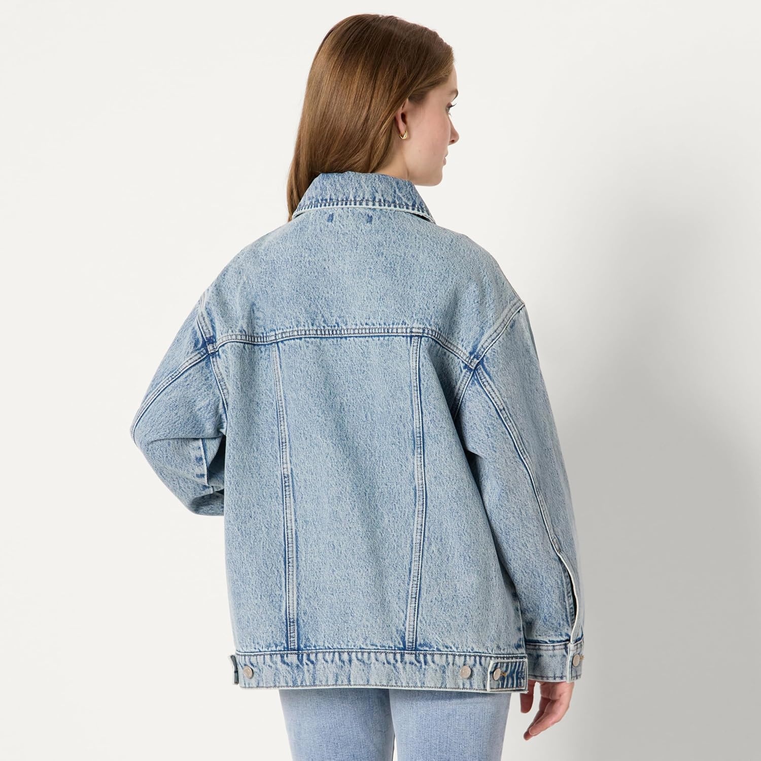 image:imageAmazon Essentials Womens OversizedFit Rigid Denim Trucker JacketIced Light Wash