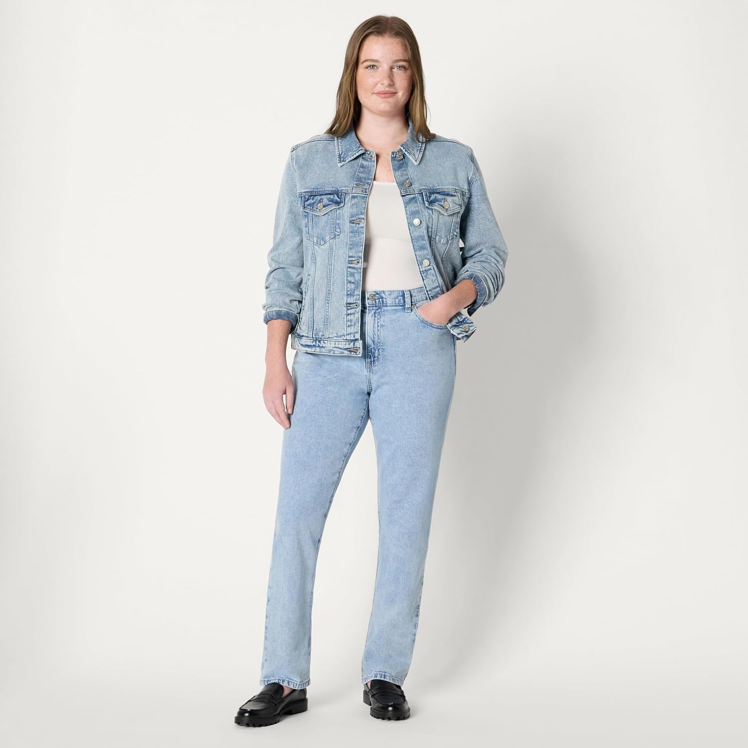 image:imageAmazon Essentials Womens OversizedFit Rigid Denim Trucker JacketIced Light Wash