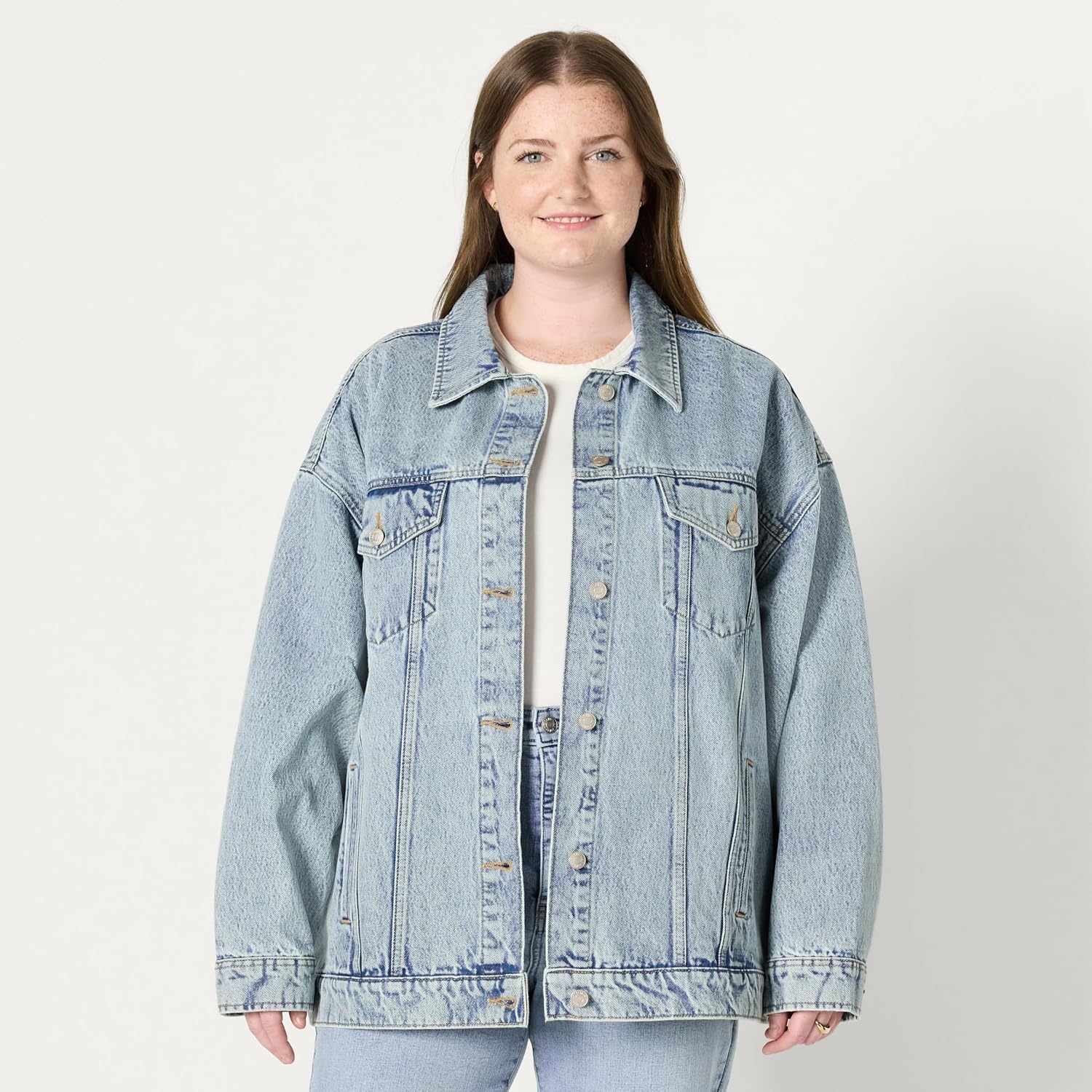 image:imageAmazon Essentials Womens OversizedFit Rigid Denim Trucker JacketIced Light Wash