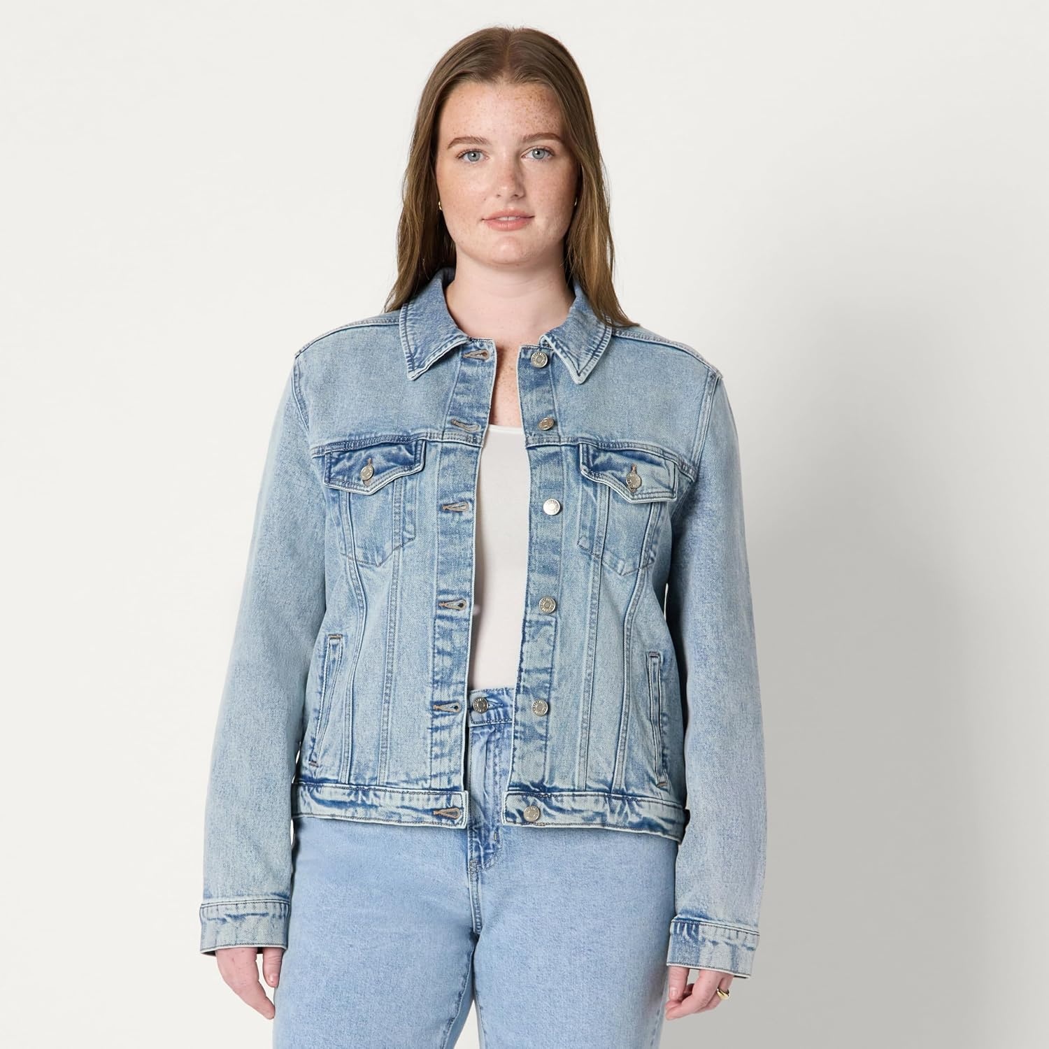 image:imageAmazon Essentials Womens OversizedFit Rigid Denim Trucker JacketIced Light Wash