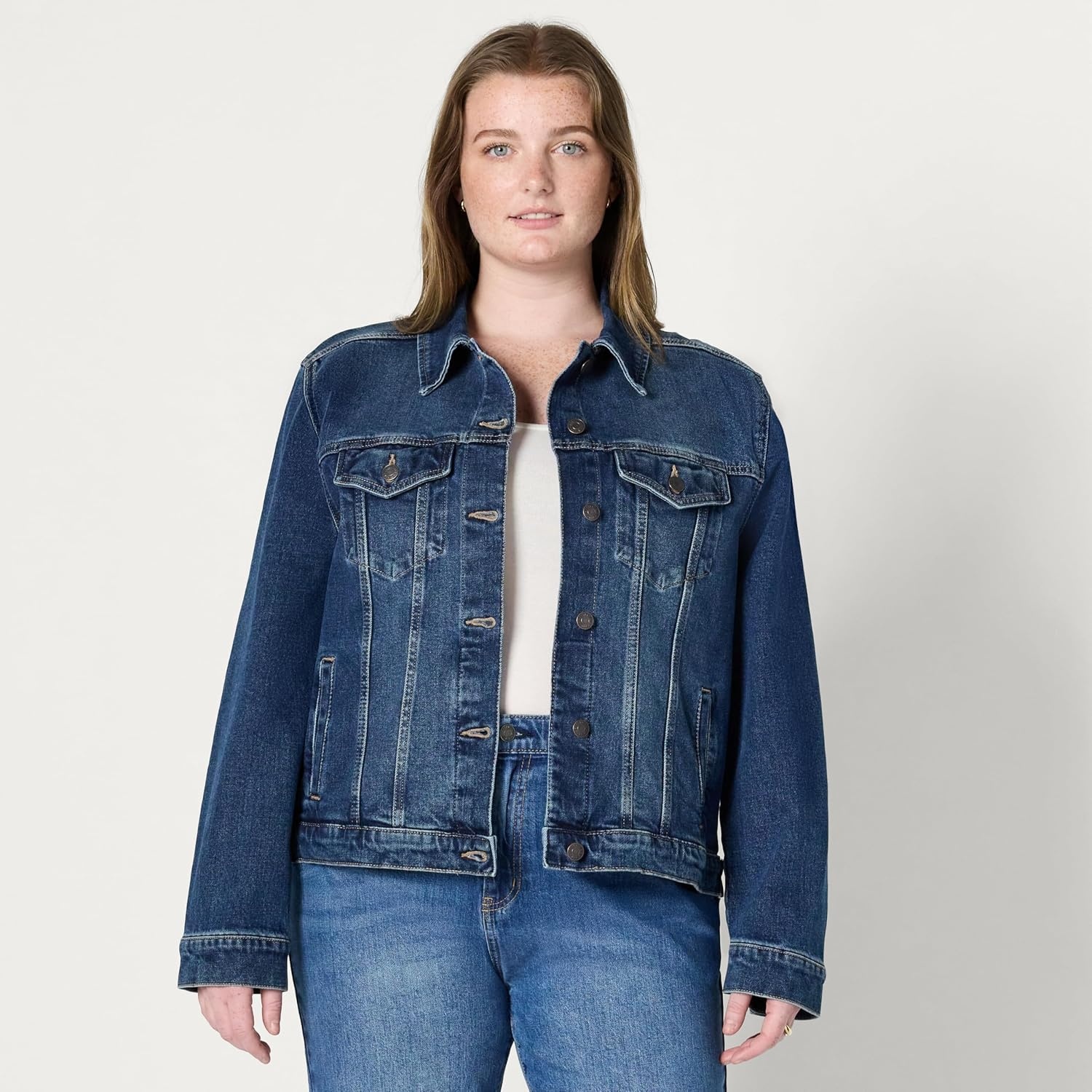 image:imageAmazon Essentials Womens OversizedFit Rigid Denim Trucker JacketStone Dark Wash