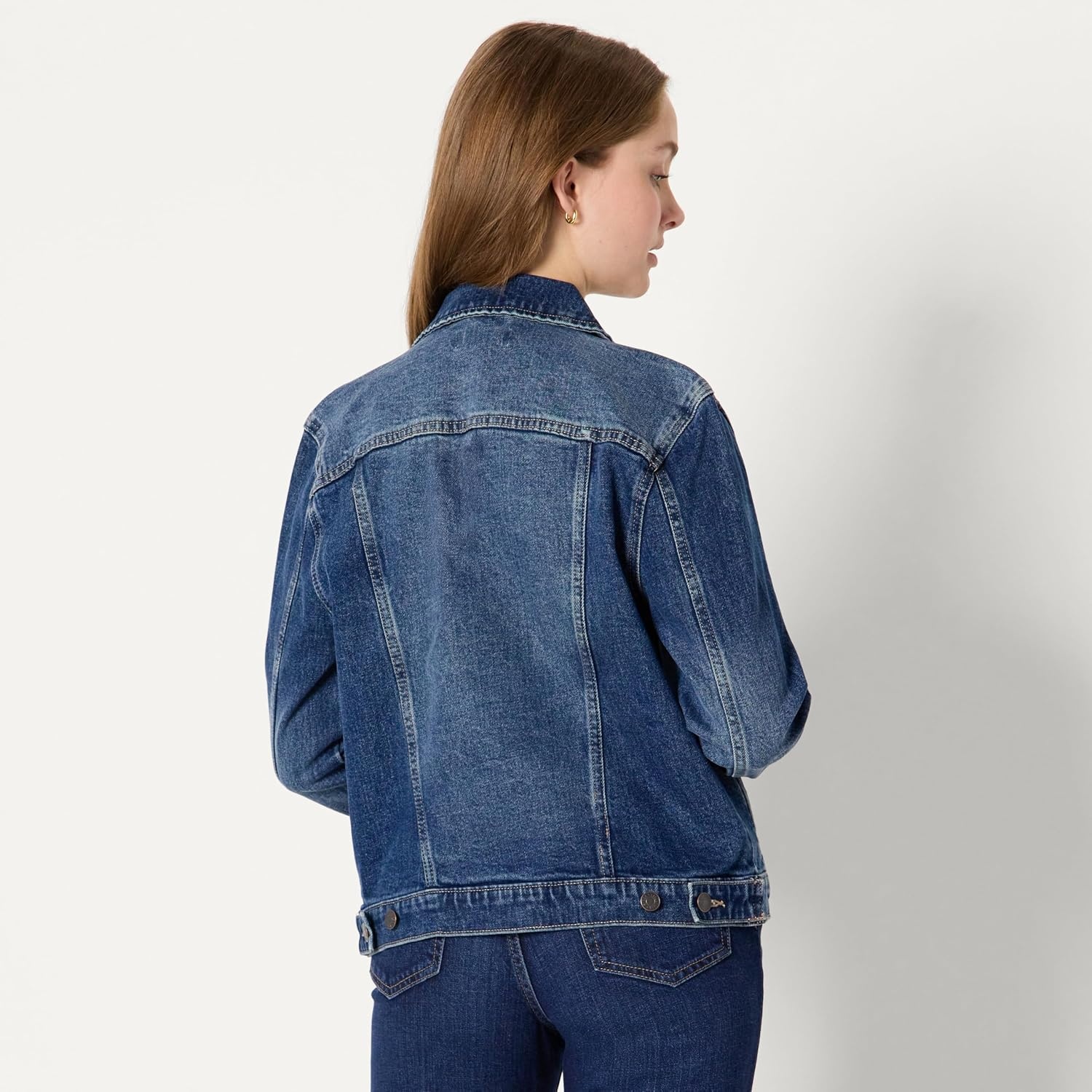 image:imageAmazon Essentials Womens OversizedFit Rigid Denim Trucker JacketStone Dark Wash