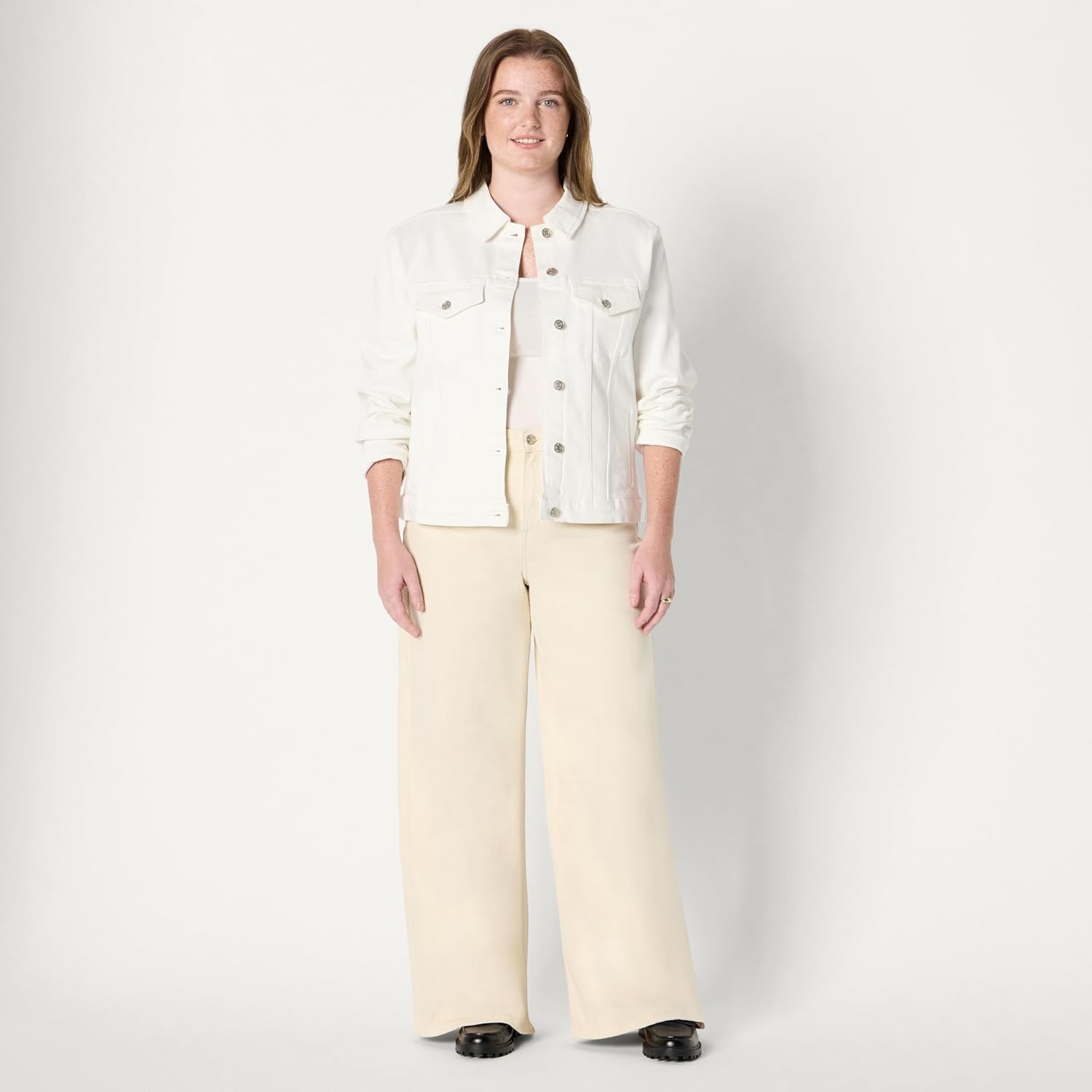 image:imageAmazon Essentials Womens OversizedFit Rigid Denim Trucker JacketWhite