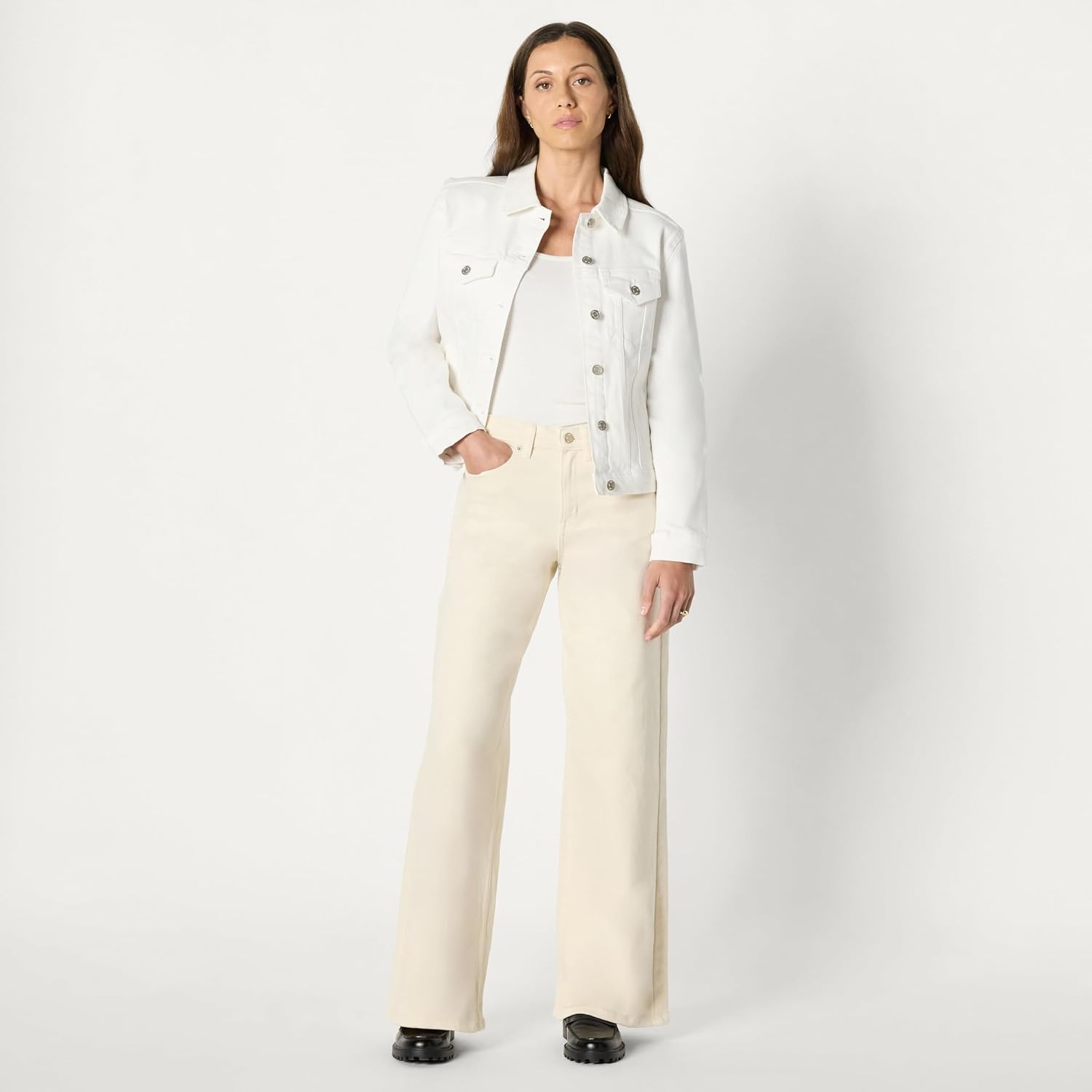 image:imageAmazon Essentials Womens OversizedFit Rigid Denim Trucker JacketWhite