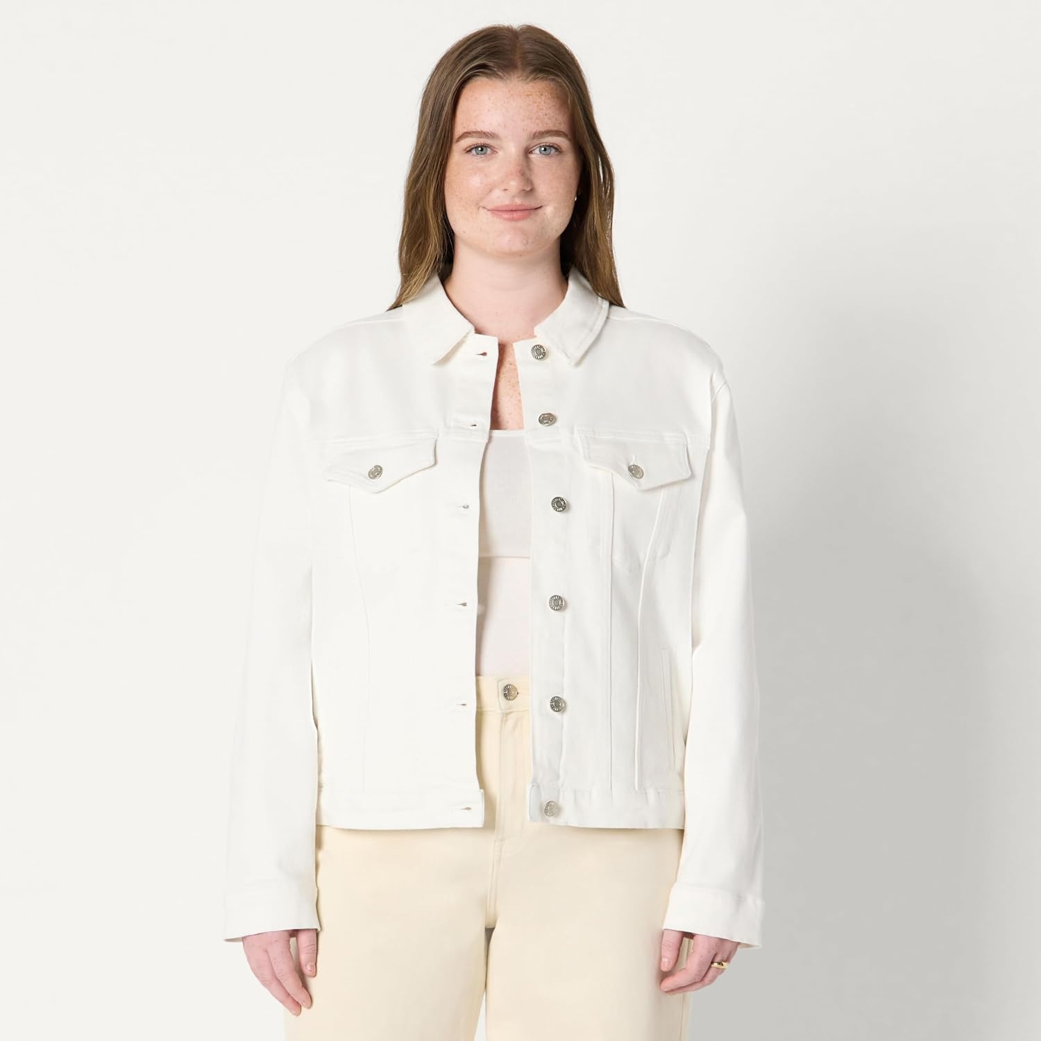 image:imageAmazon Essentials Womens OversizedFit Rigid Denim Trucker JacketWhite