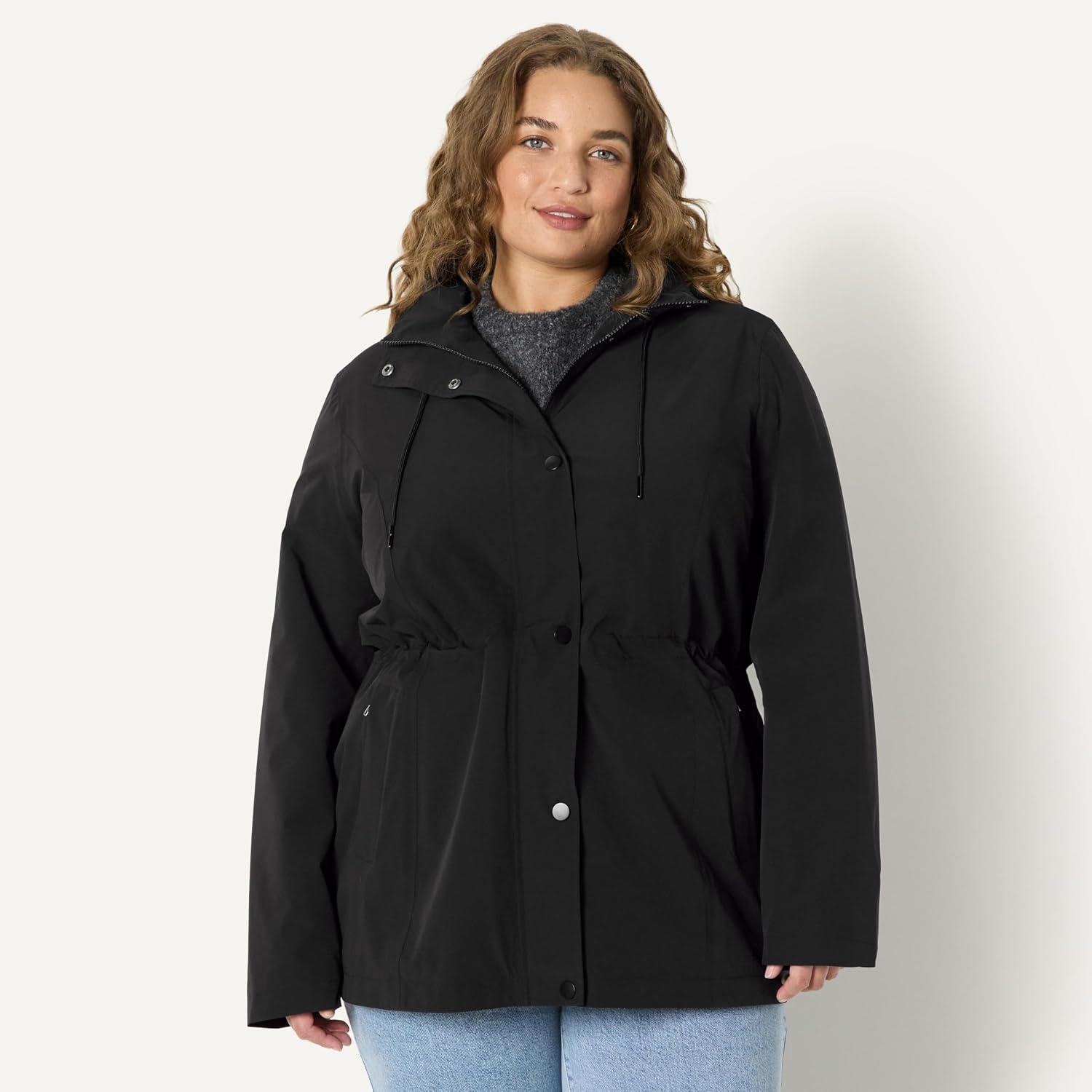 image:imageAmazon Essentials Womens RegularFit Lightweight Waterproof Long Hooded Rain JacketBlack