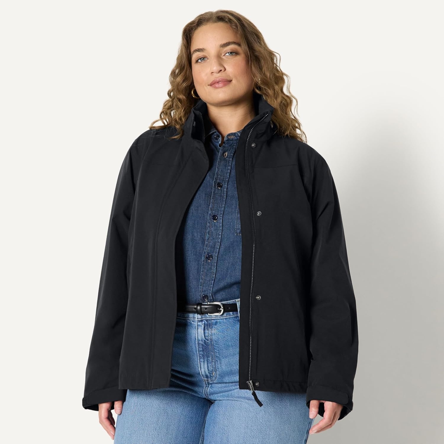 image:imageAmazon Essentials Womens RegularFit Lightweight Waterproof Long Hooded Rain JacketBlack