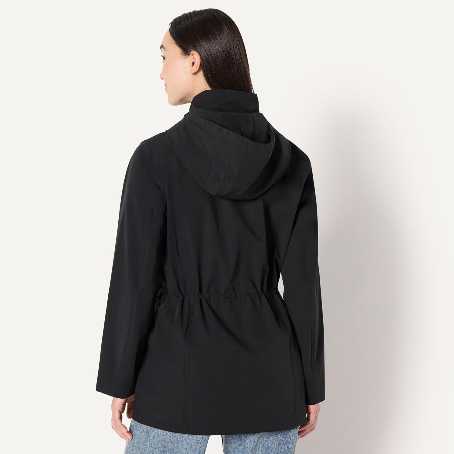 image:imageAmazon Essentials Womens RegularFit Lightweight Waterproof Long Hooded Rain JacketBlack