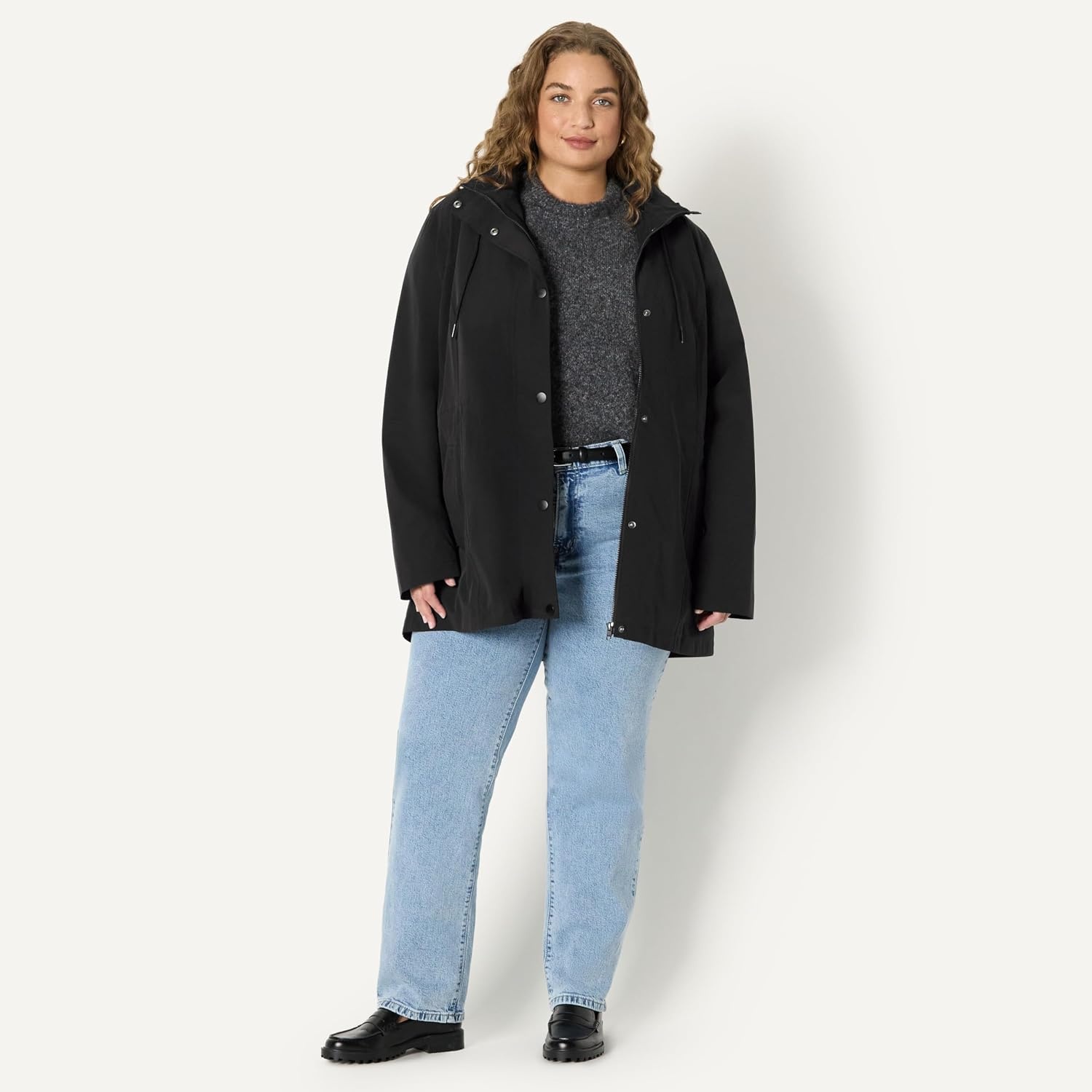 image:imageAmazon Essentials Womens RegularFit Lightweight Waterproof Long Hooded Rain JacketBlack