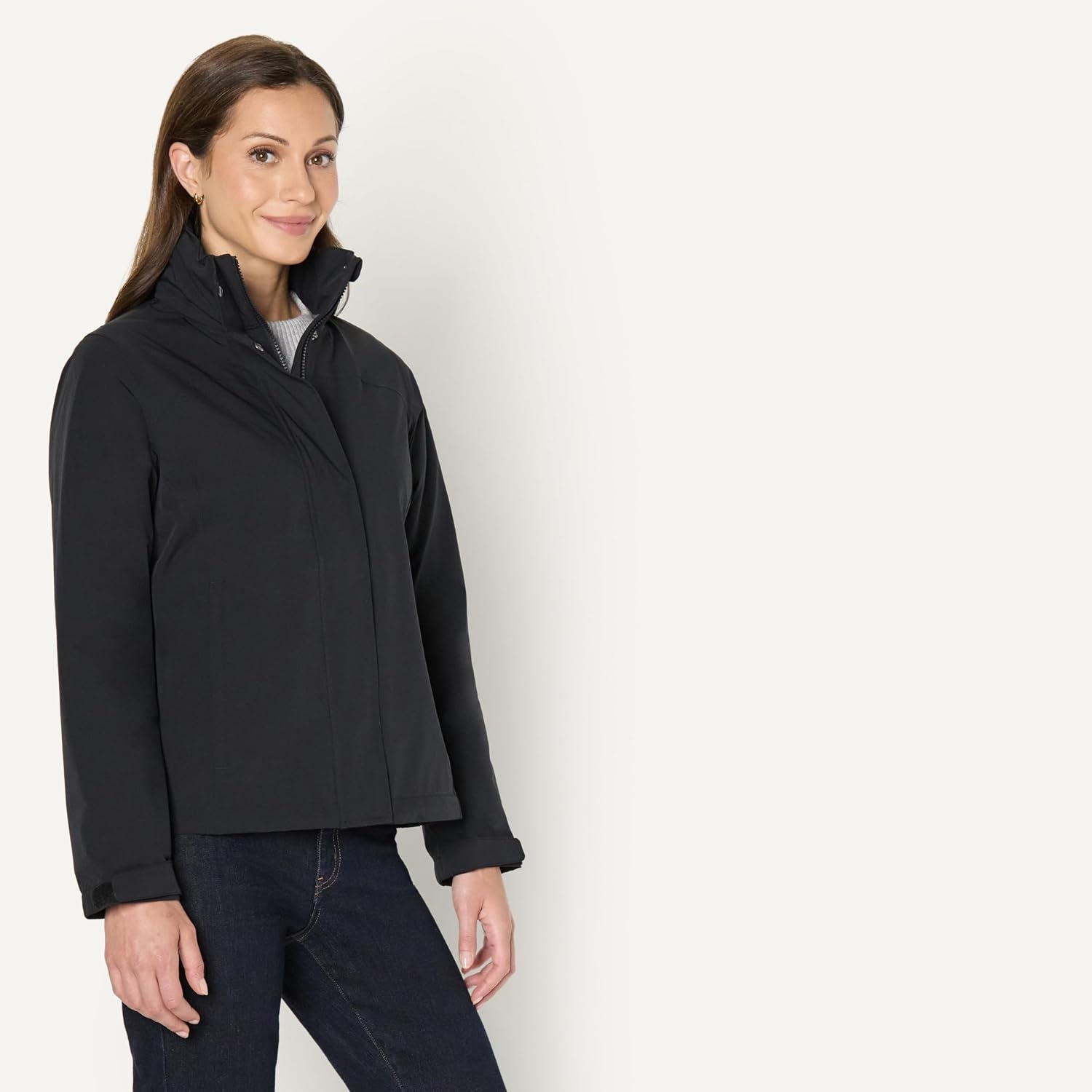 image:imageAmazon Essentials Womens RegularFit Lightweight Waterproof Long Hooded Rain JacketBlack
