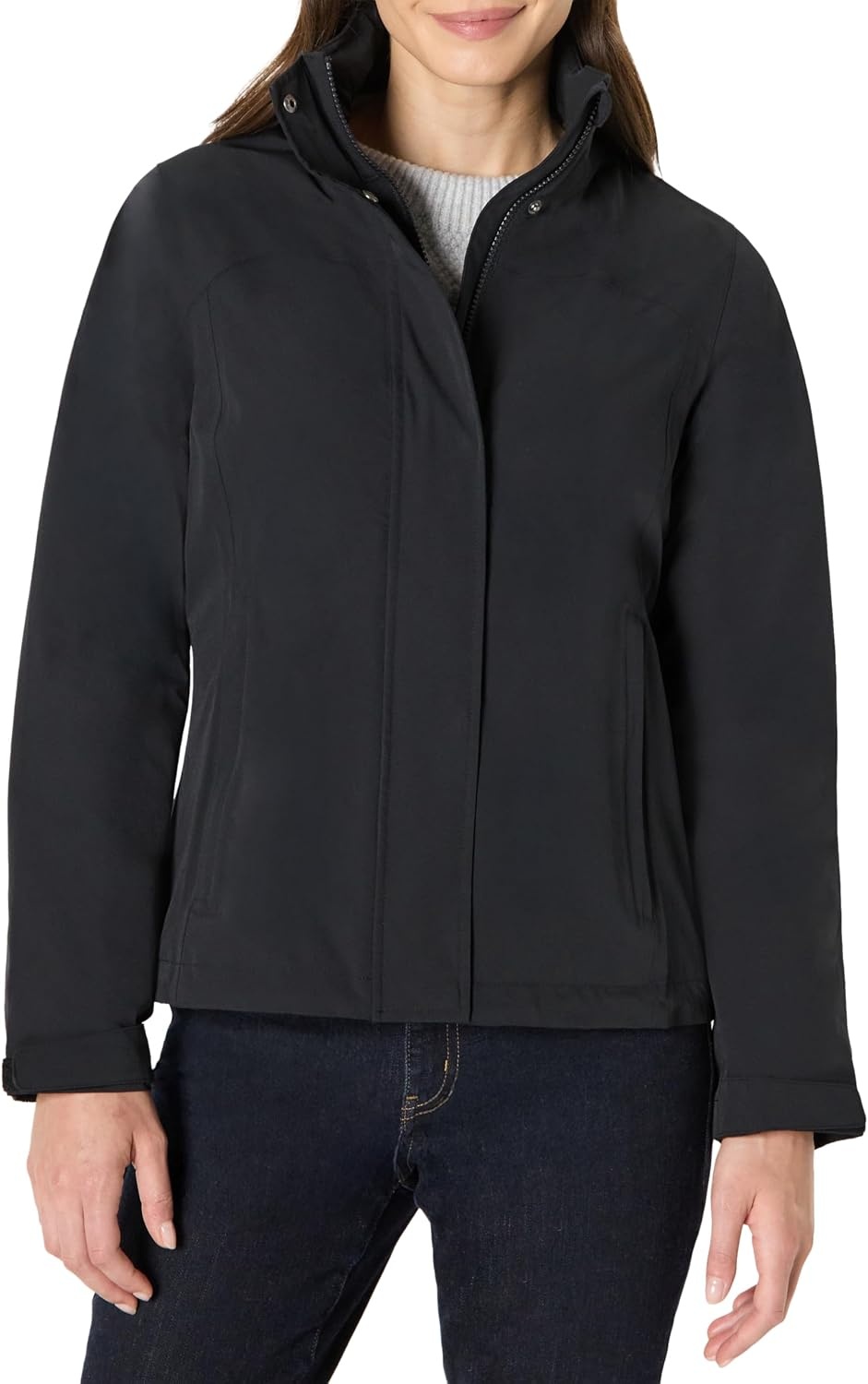 image:imageAmazon Essentials Womens RegularFit Lightweight Waterproof Long Hooded Rain JacketBlack