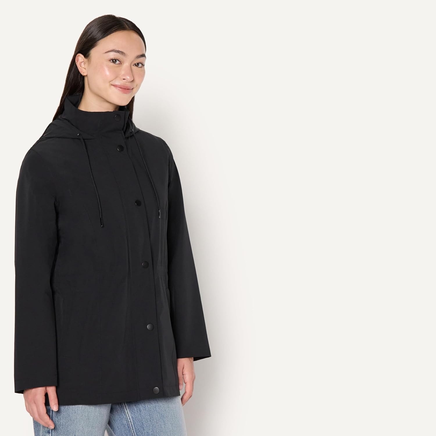 image:imageAmazon Essentials Womens RegularFit Lightweight Waterproof Long Hooded Rain JacketBlack