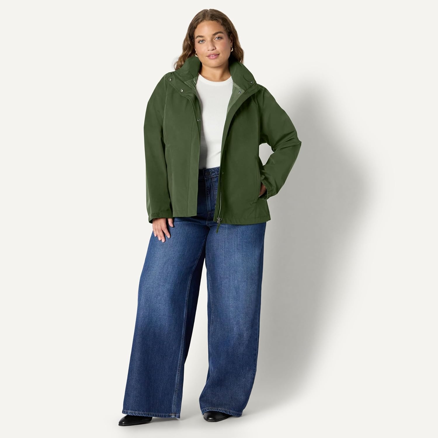 image:imageAmazon Essentials Womens RegularFit Lightweight Waterproof Long Hooded Rain JacketDark Green