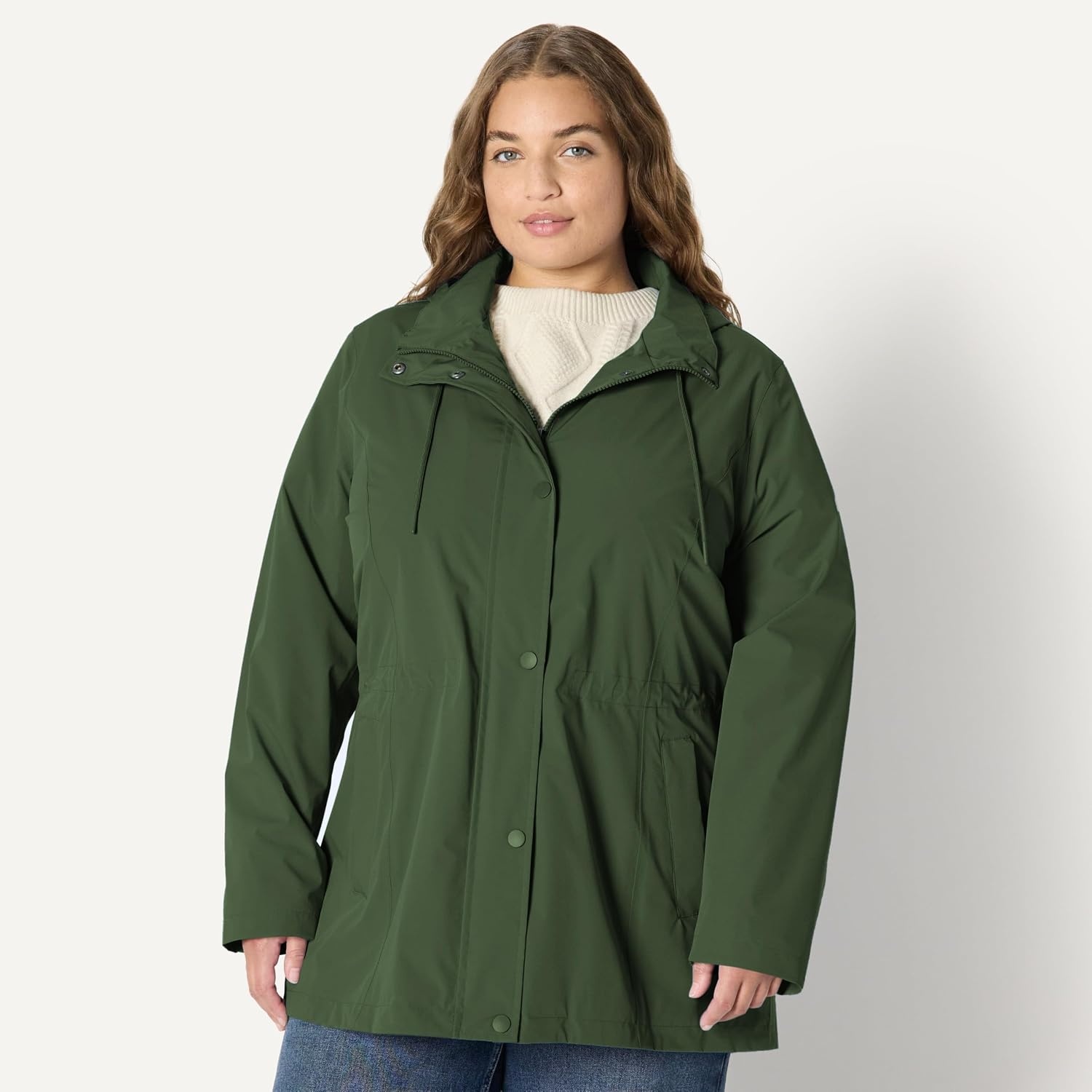 image:imageAmazon Essentials Womens RegularFit Lightweight Waterproof Long Hooded Rain JacketDark Green