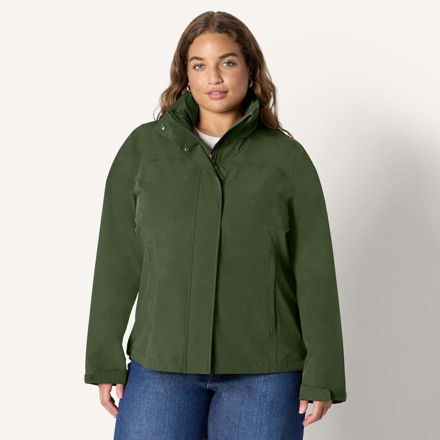 image:imageAmazon Essentials Womens RegularFit Lightweight Waterproof Long Hooded Rain JacketDark Green