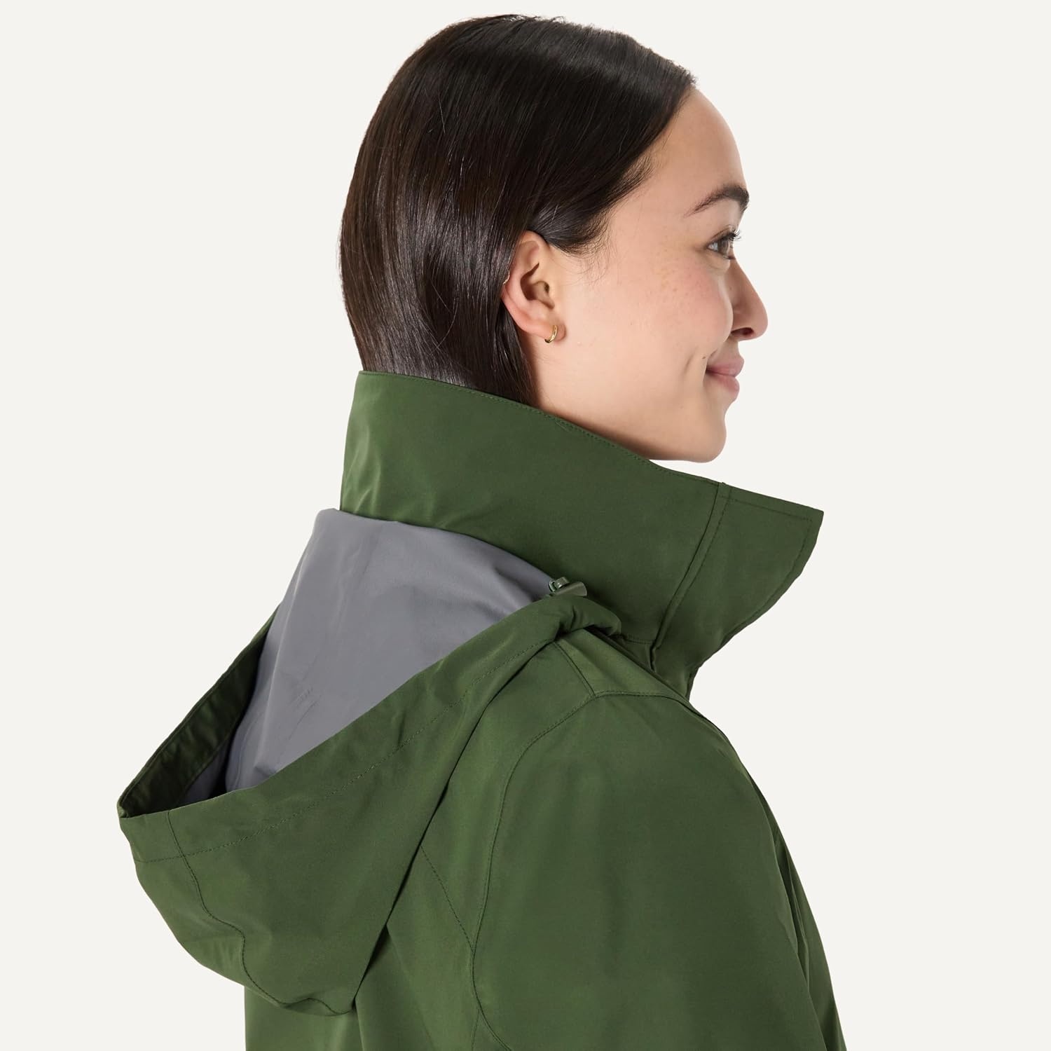 image:imageAmazon Essentials Womens RegularFit Lightweight Waterproof Long Hooded Rain JacketDark Green