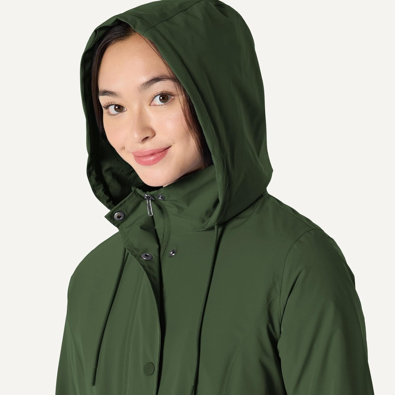 image:imageAmazon Essentials Womens RegularFit Lightweight Waterproof Long Hooded Rain JacketDark Green