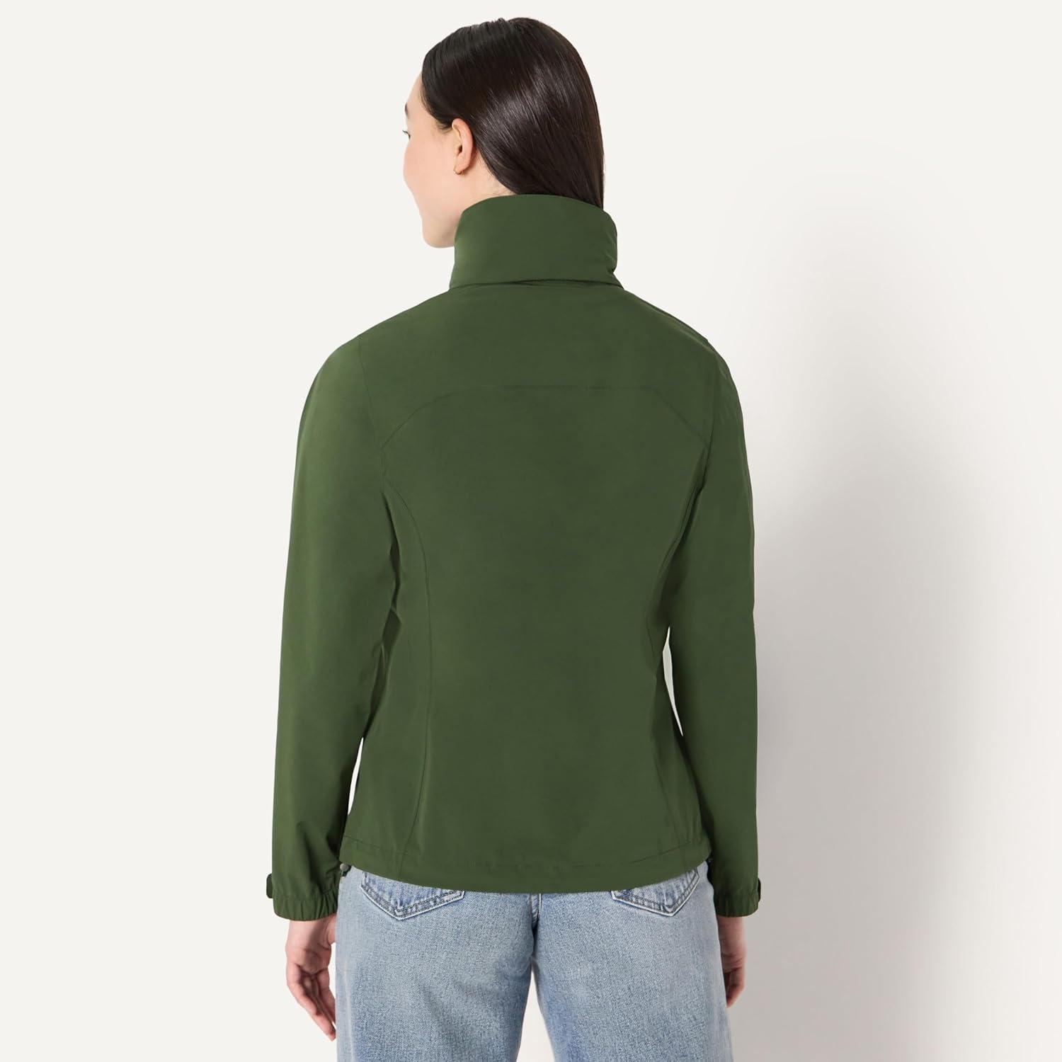 image:imageAmazon Essentials Womens RegularFit Lightweight Waterproof Long Hooded Rain JacketDark Green