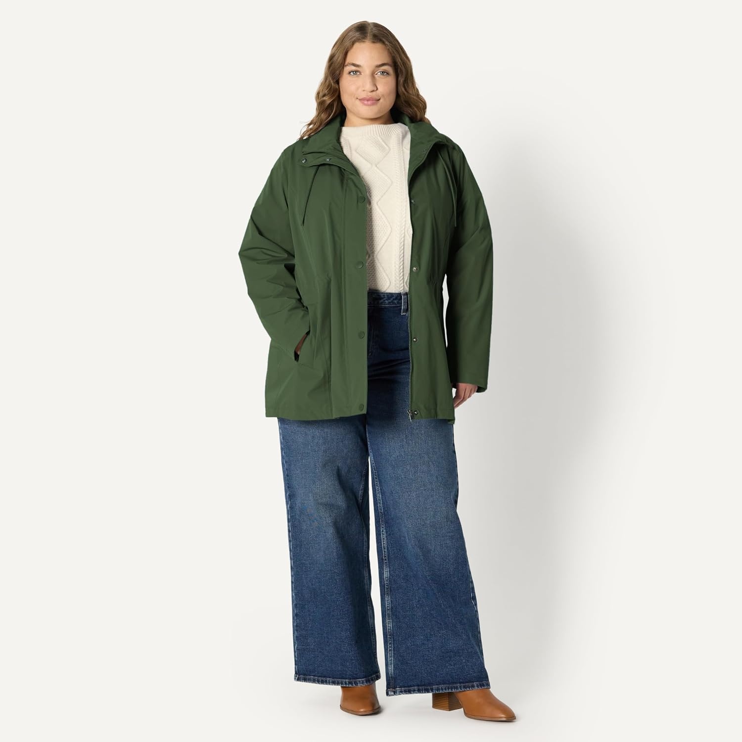 image:imageAmazon Essentials Womens RegularFit Lightweight Waterproof Long Hooded Rain JacketDark Green