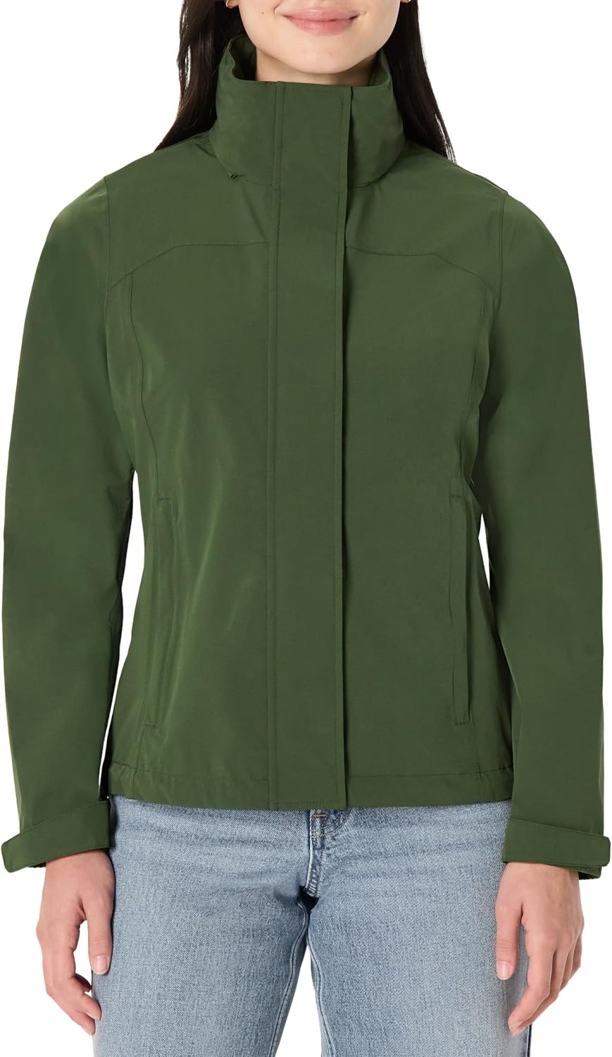 image:imageAmazon Essentials Womens RegularFit Lightweight Waterproof Long Hooded Rain JacketDark Green