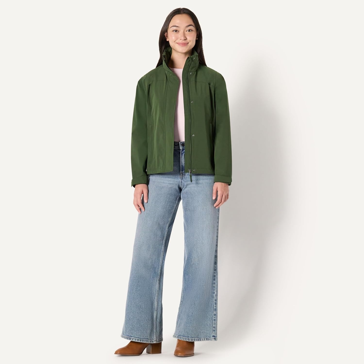 image:imageAmazon Essentials Womens RegularFit Lightweight Waterproof Long Hooded Rain JacketDark Green