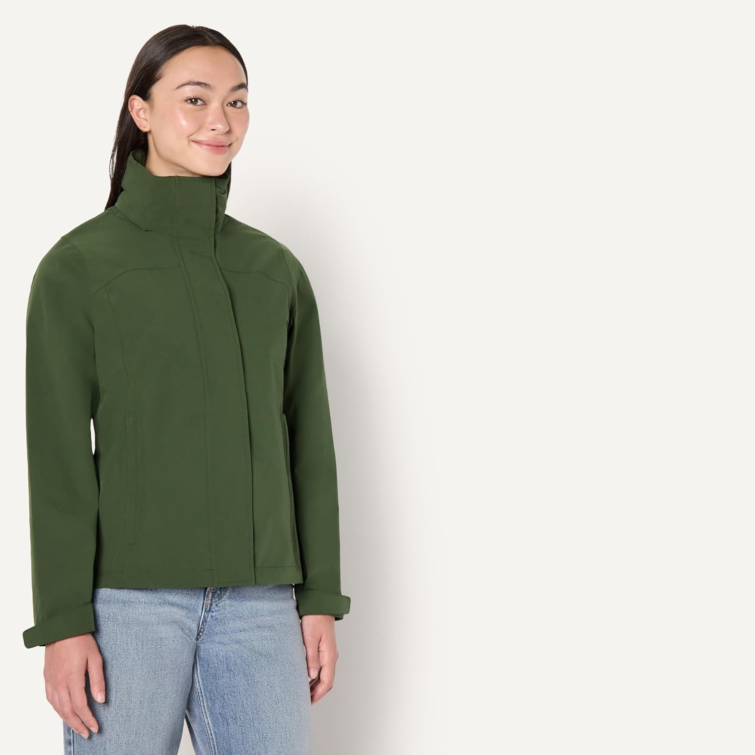 image:imageAmazon Essentials Womens RegularFit Lightweight Waterproof Long Hooded Rain JacketDark Green