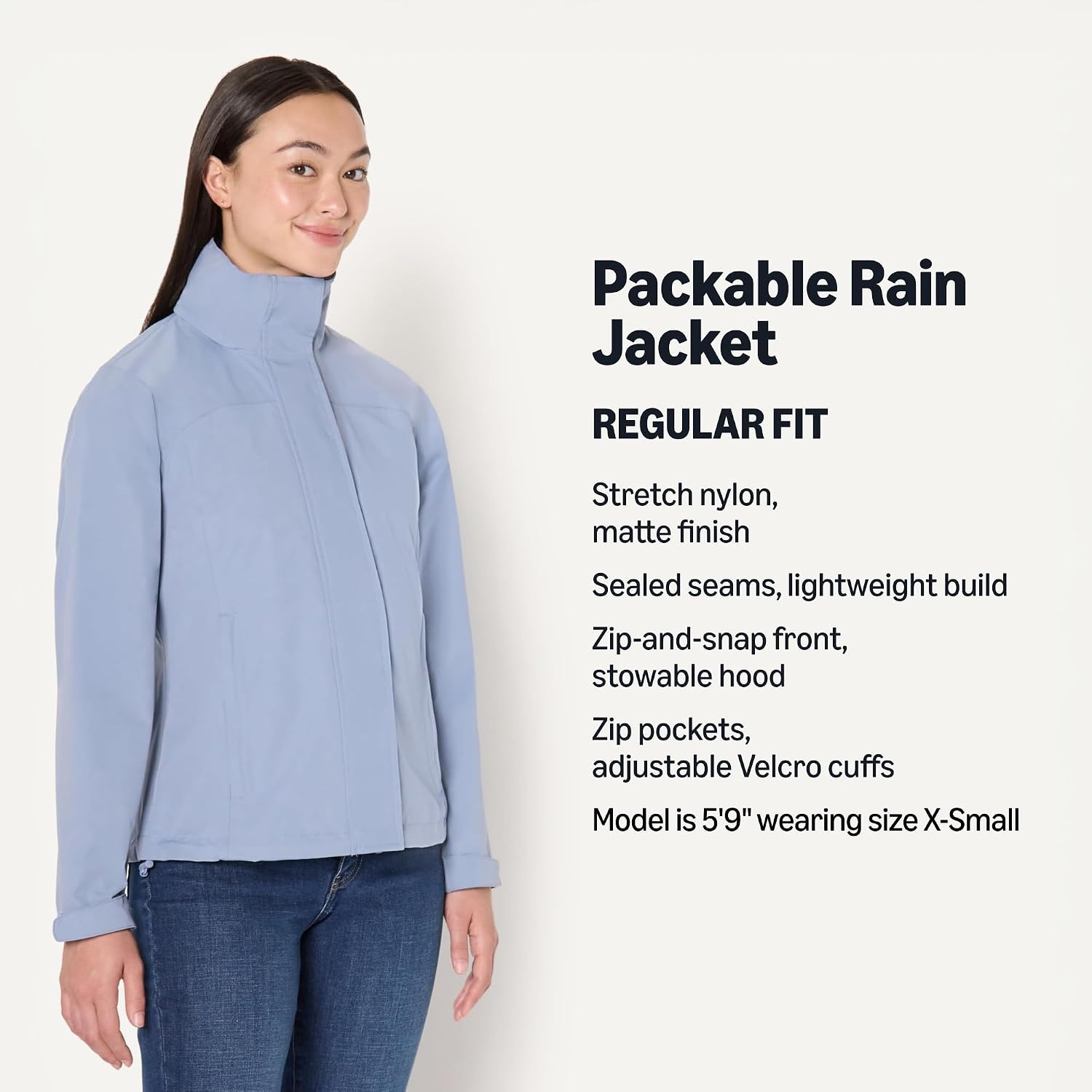 image:imageAmazon Essentials Womens RegularFit Lightweight Waterproof Long Hooded Rain JacketDusty Blue
