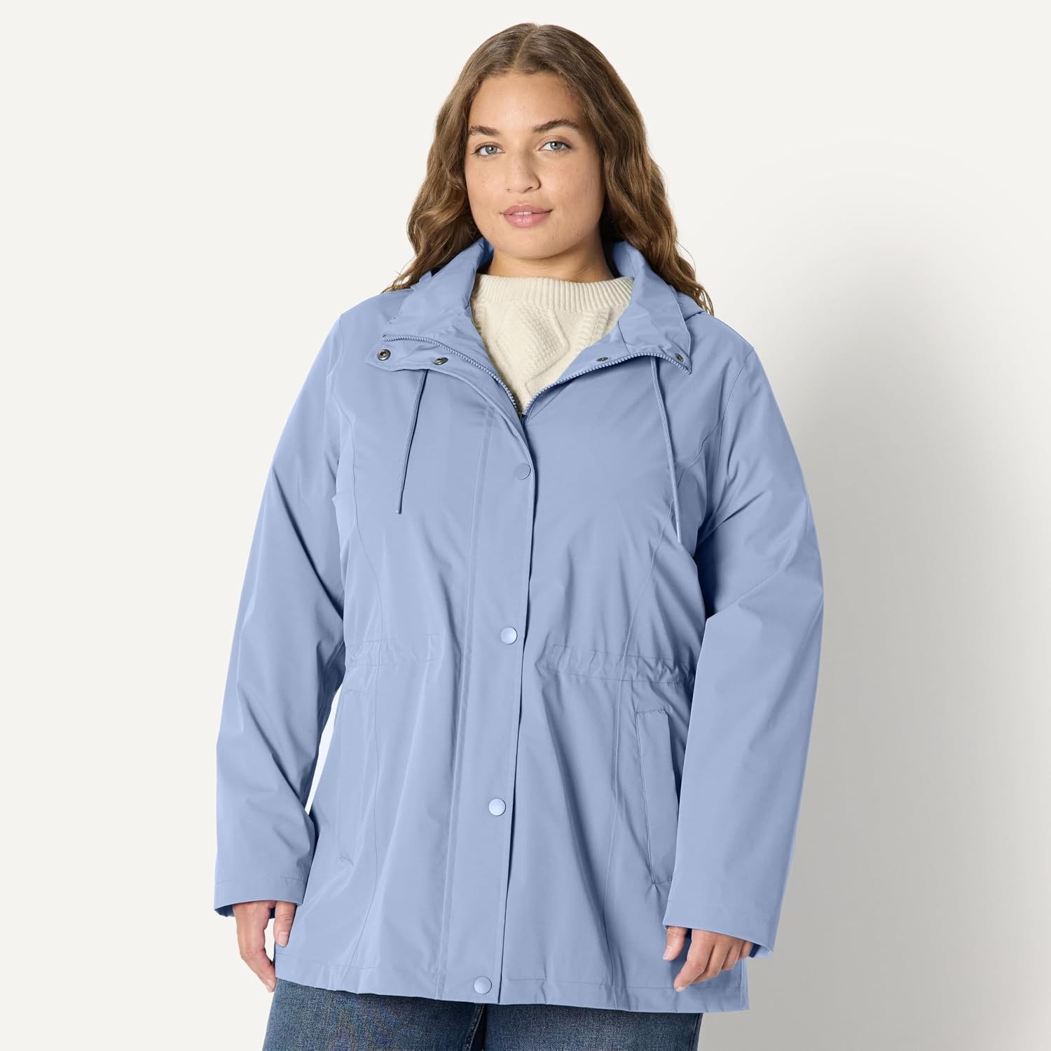 image:imageAmazon Essentials Womens RegularFit Lightweight Waterproof Long Hooded Rain JacketDusty Blue