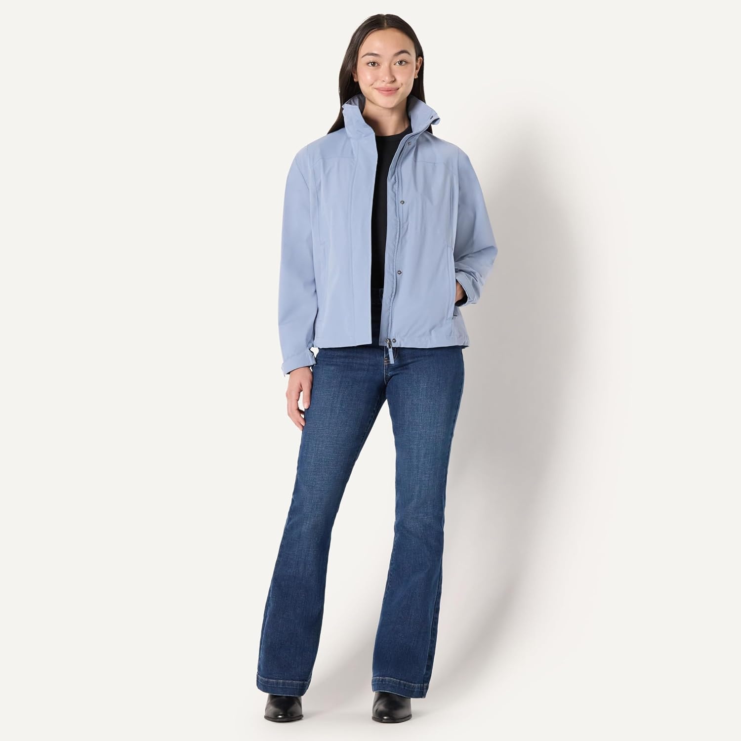 image:imageAmazon Essentials Womens RegularFit Lightweight Waterproof Long Hooded Rain JacketDusty Blue