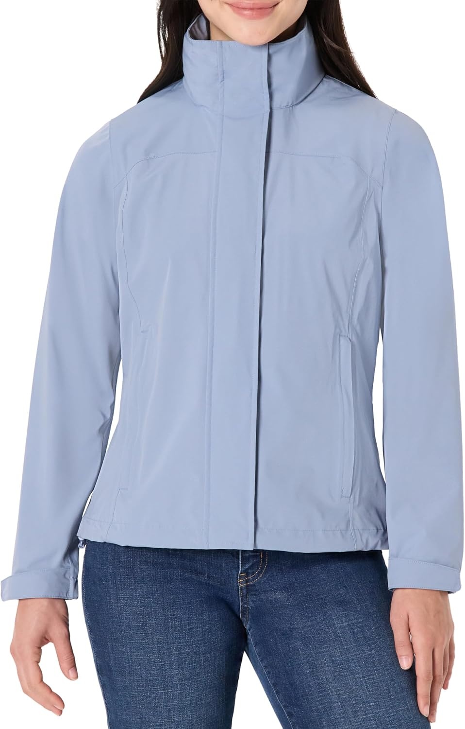 image:imageAmazon Essentials Womens RegularFit Lightweight Waterproof Long Hooded Rain JacketDusty Blue