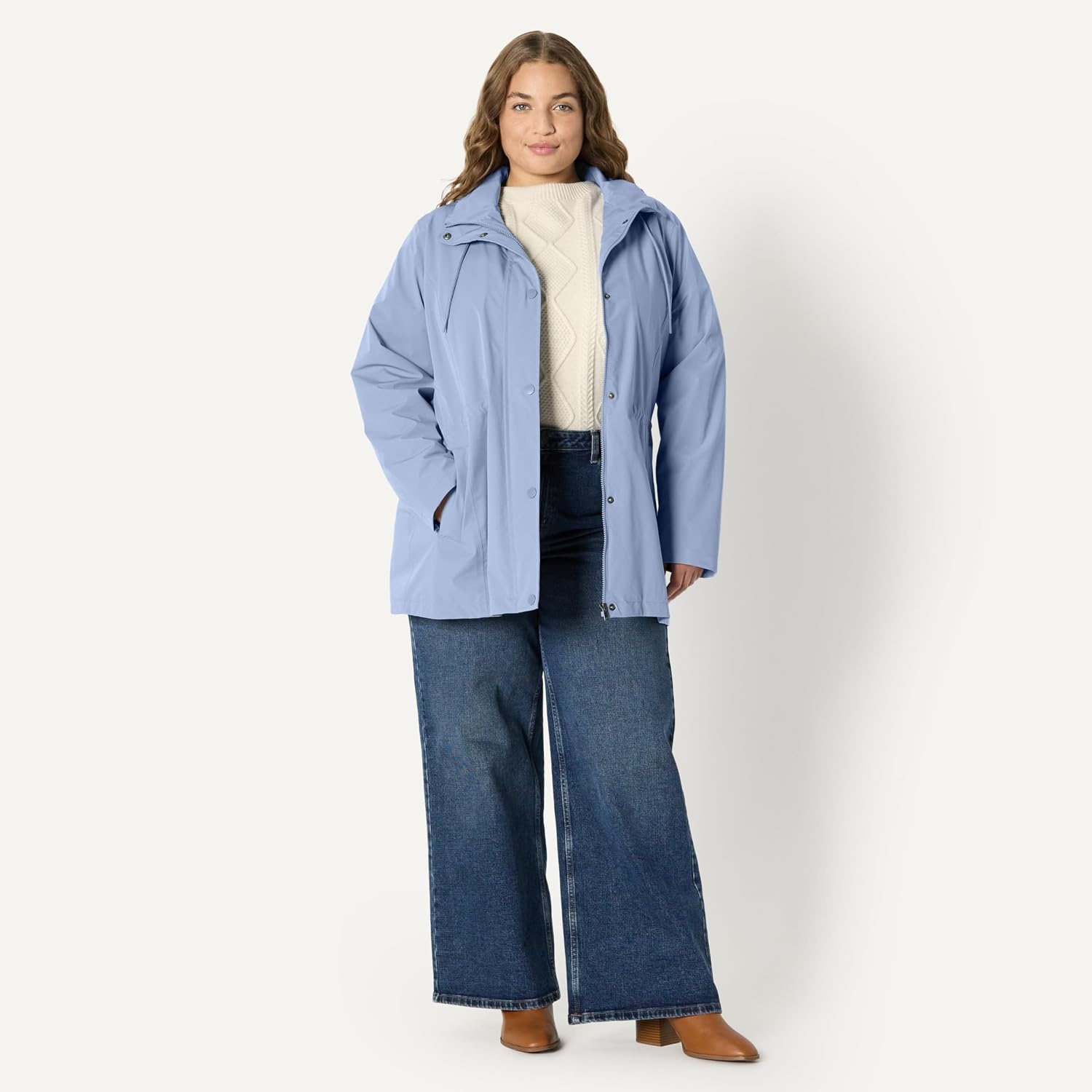 image:imageAmazon Essentials Womens RegularFit Lightweight Waterproof Long Hooded Rain JacketDusty Blue