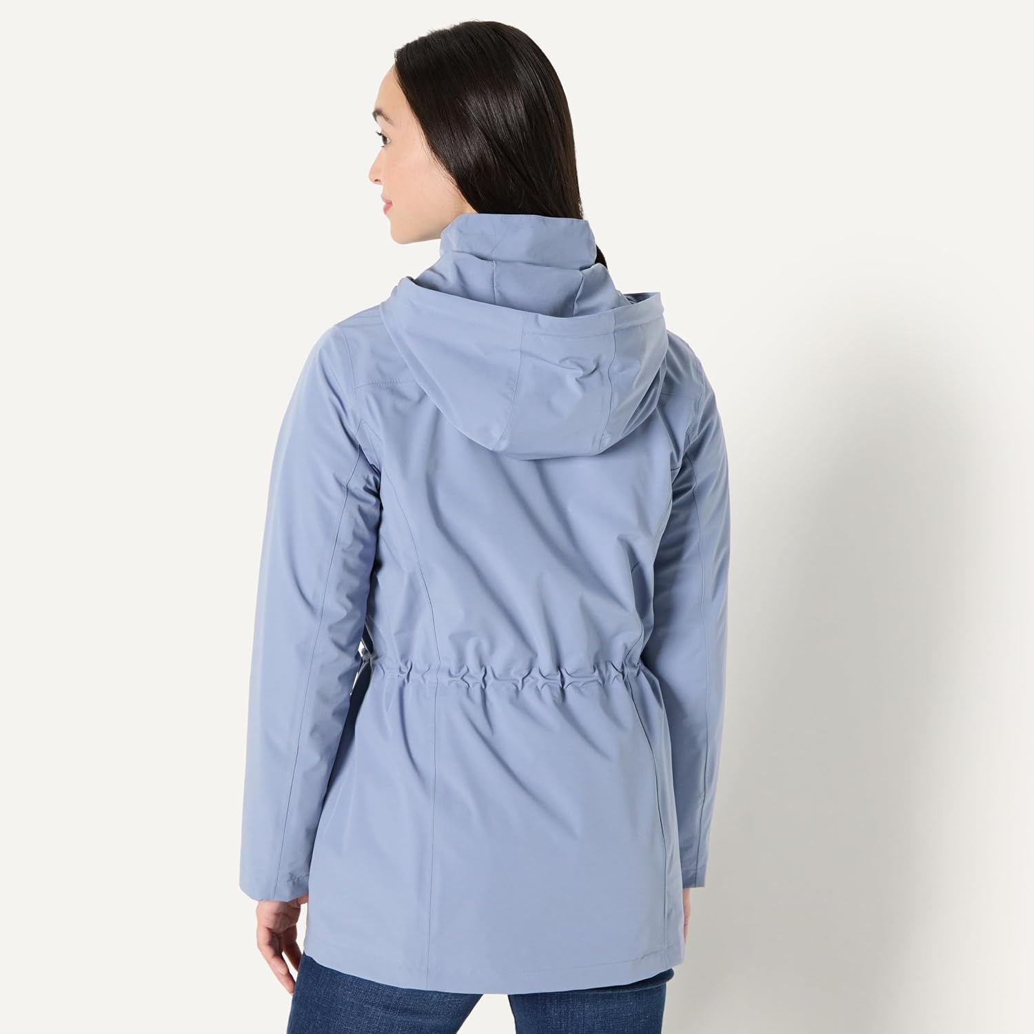 image:imageAmazon Essentials Womens RegularFit Lightweight Waterproof Long Hooded Rain JacketDusty Blue