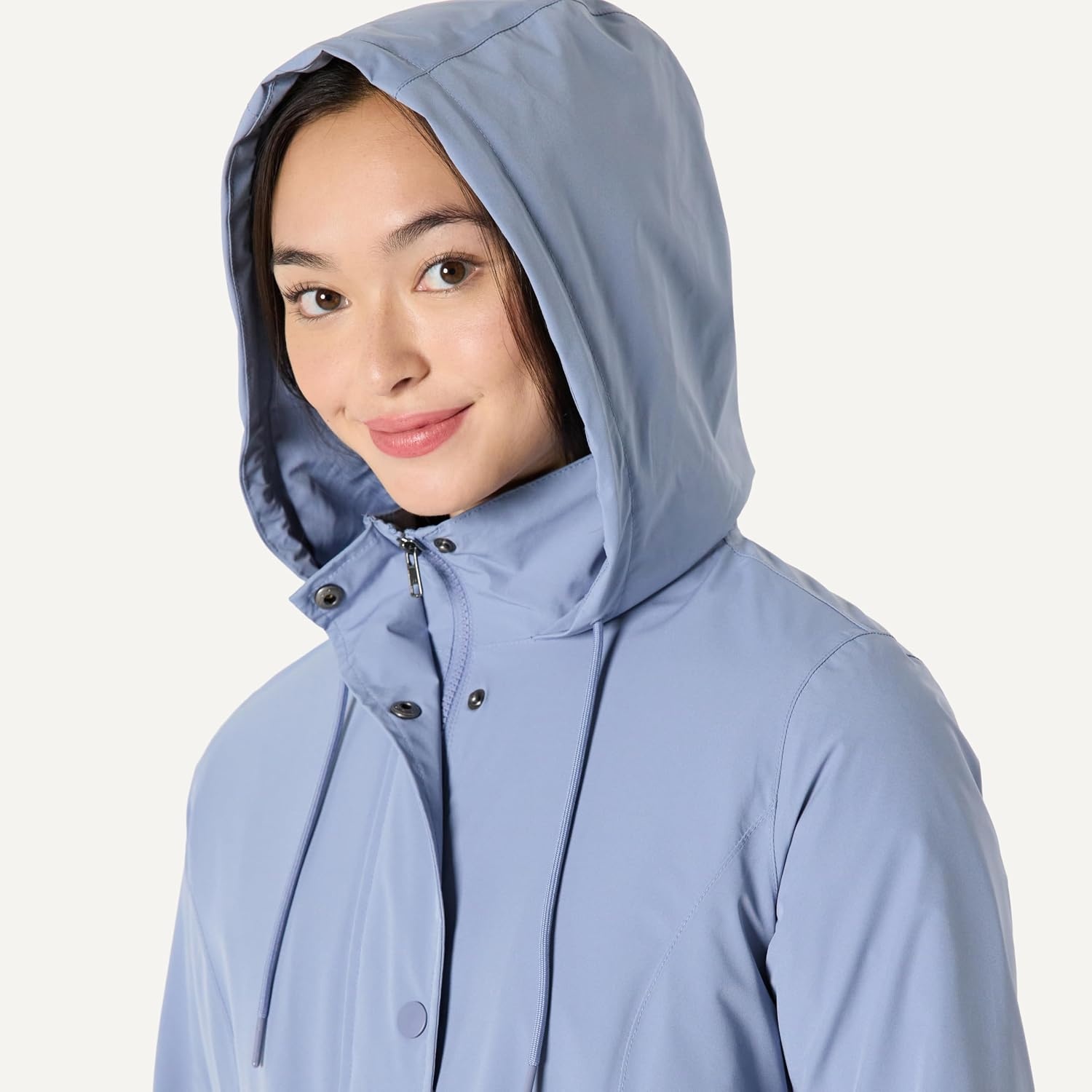 image:imageAmazon Essentials Womens RegularFit Lightweight Waterproof Long Hooded Rain JacketDusty Blue