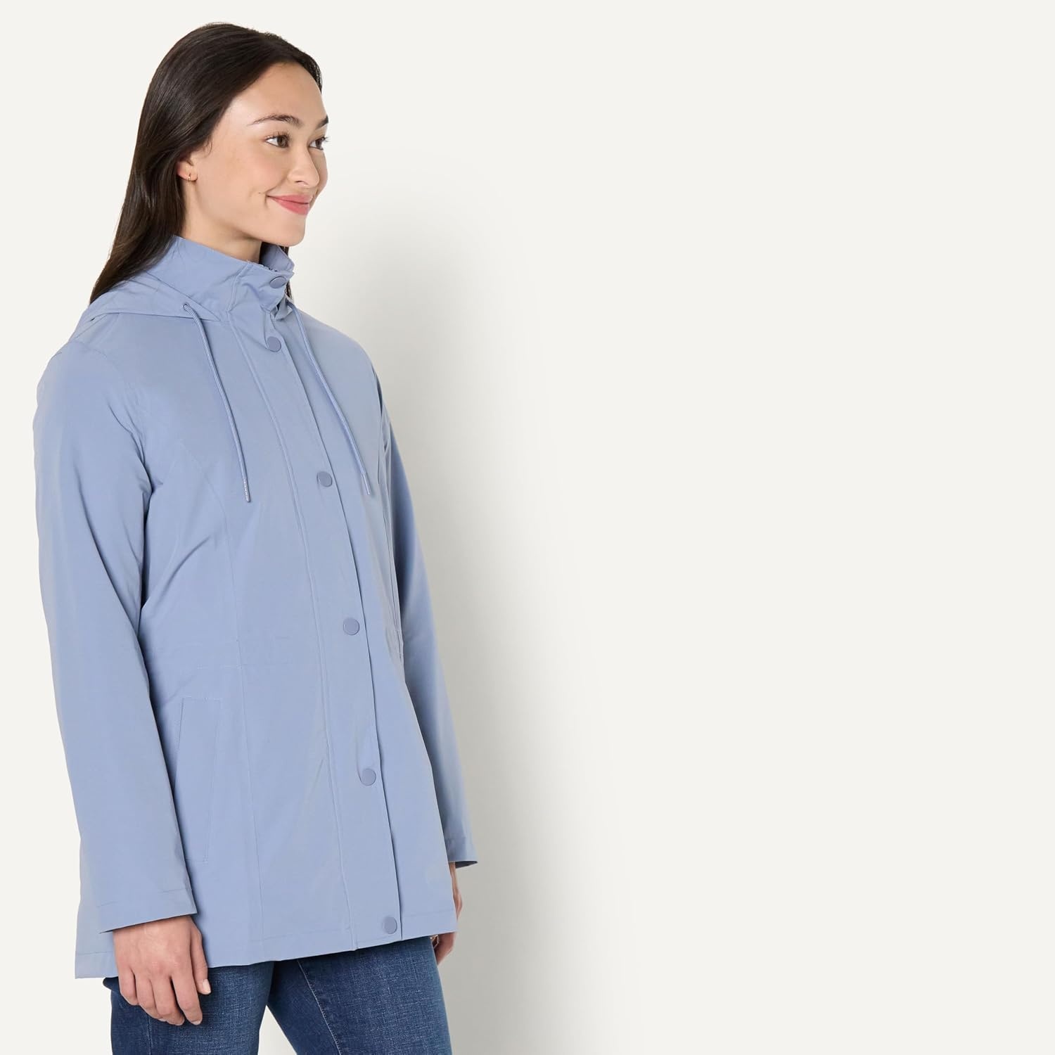 image:imageAmazon Essentials Womens RegularFit Lightweight Waterproof Long Hooded Rain JacketDusty Blue