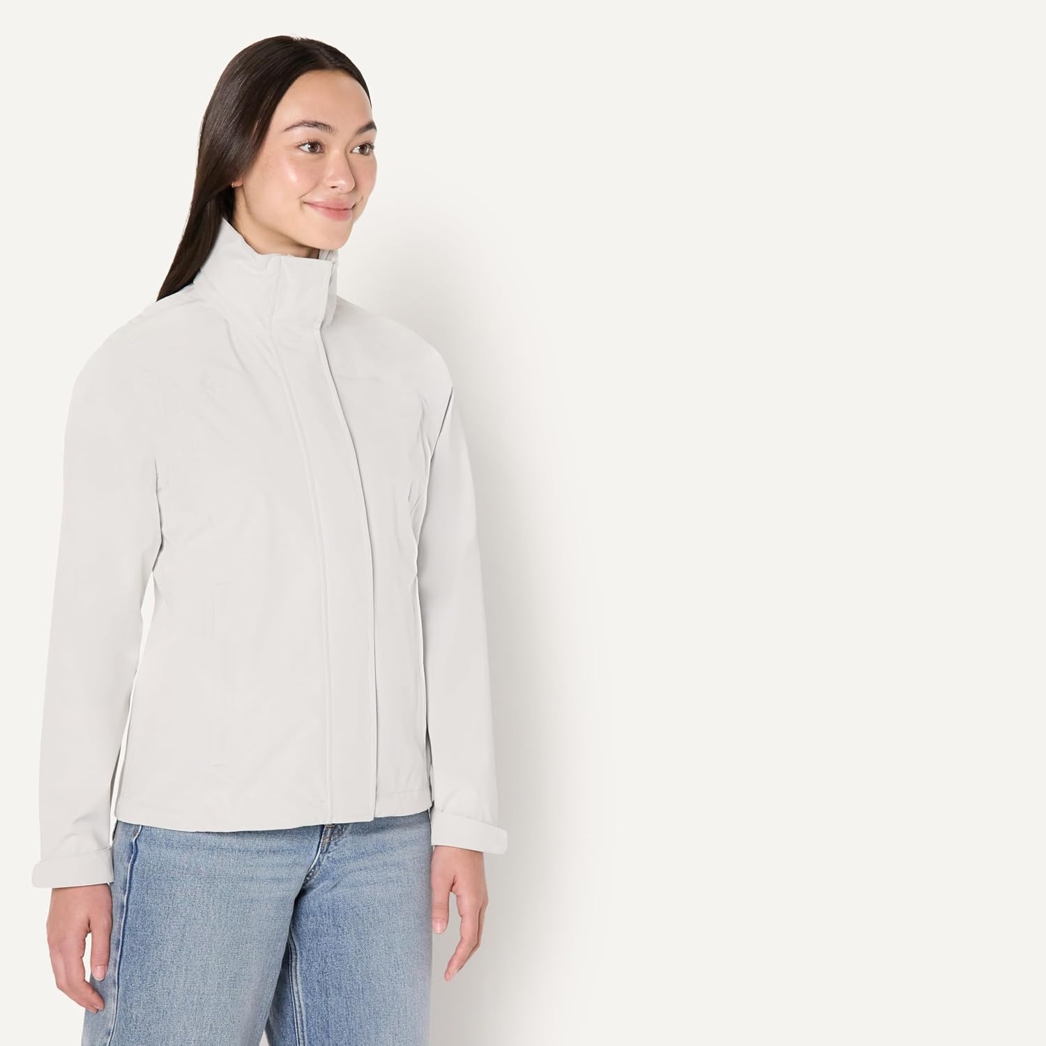 image:imageAmazon Essentials Womens RegularFit Lightweight Waterproof Long Hooded Rain JacketEggshell White
