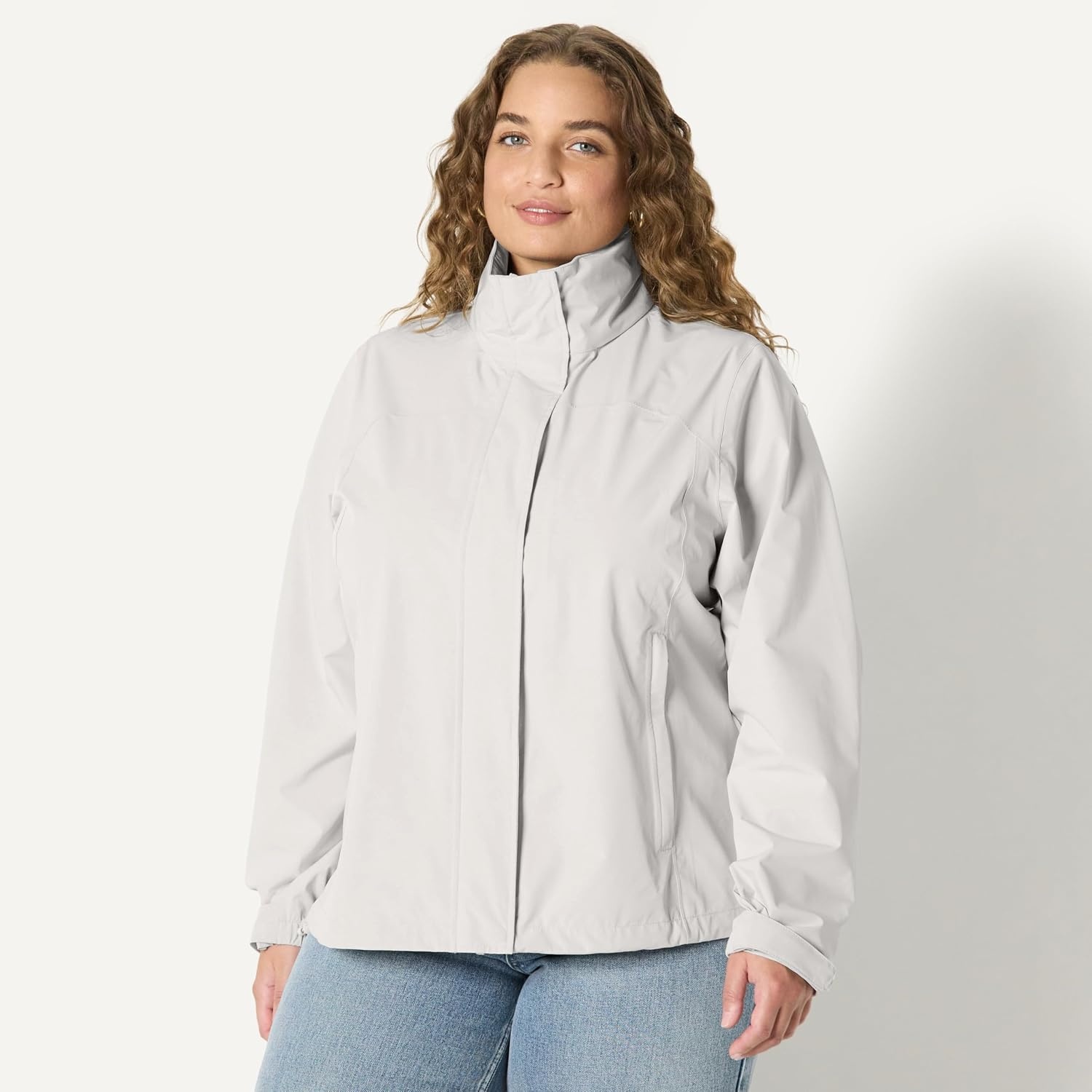 image:imageAmazon Essentials Womens RegularFit Lightweight Waterproof Long Hooded Rain JacketEggshell White
