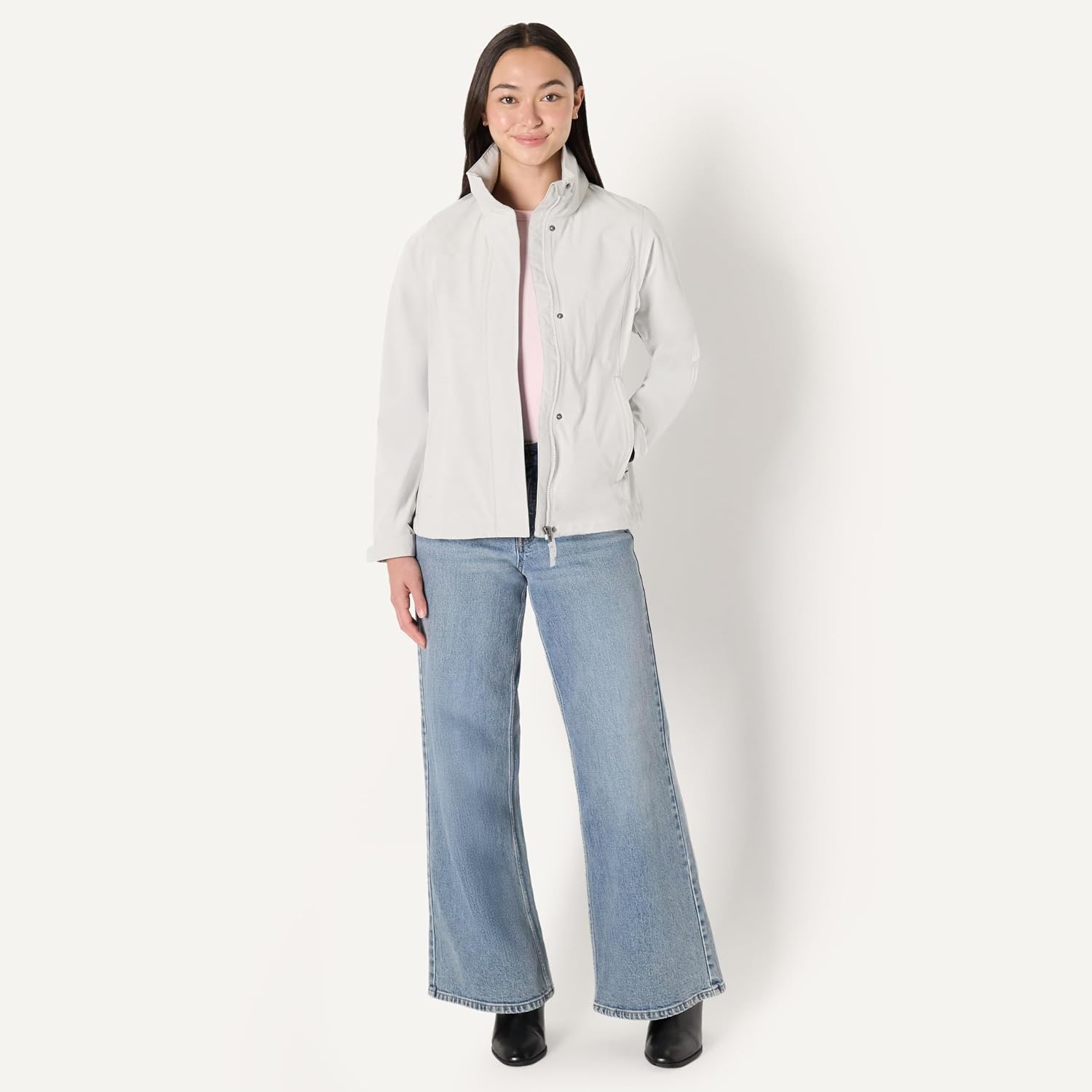 image:imageAmazon Essentials Womens RegularFit Lightweight Waterproof Long Hooded Rain JacketEggshell White
